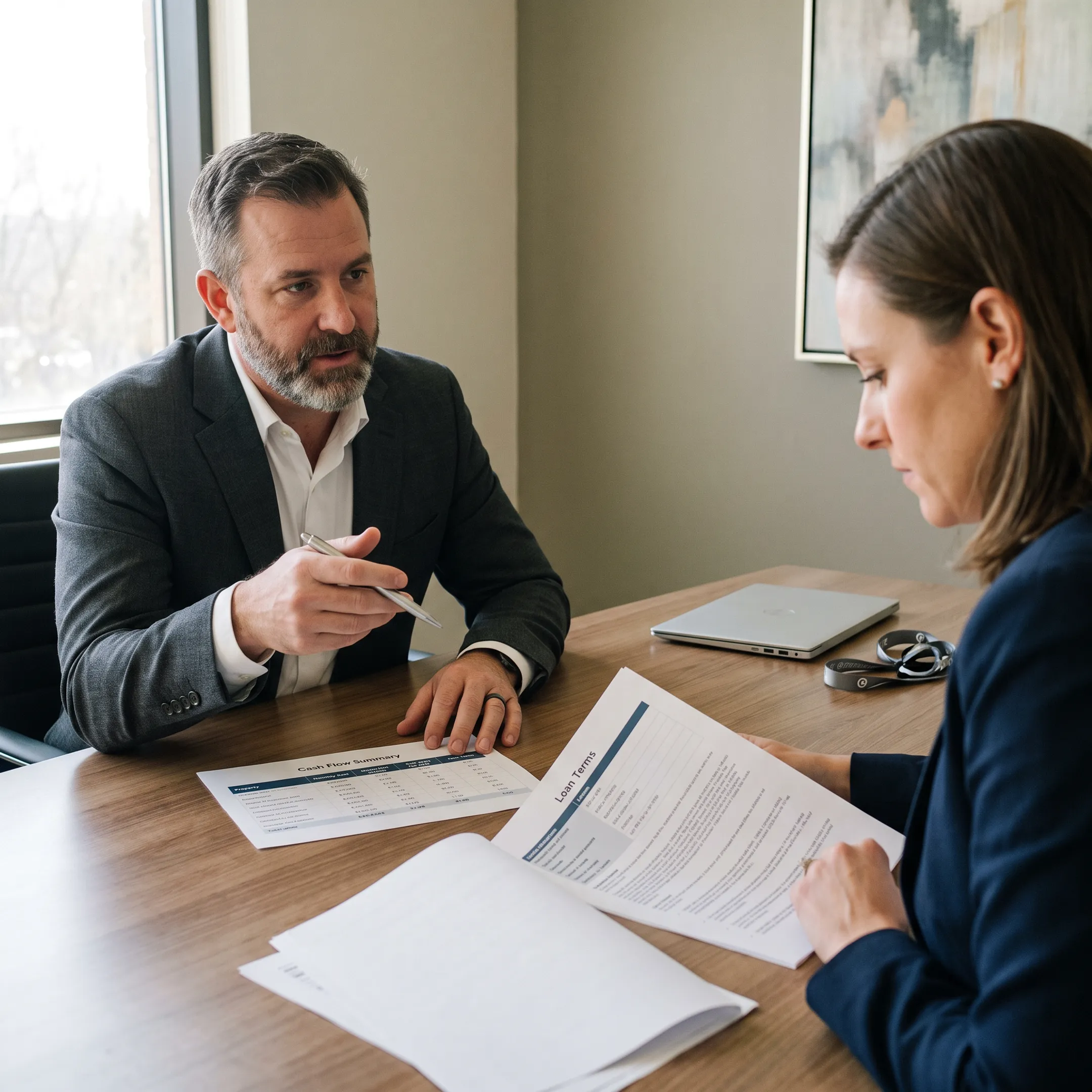 Real estate investor reviewing DSCR loan documents with a financial advisor