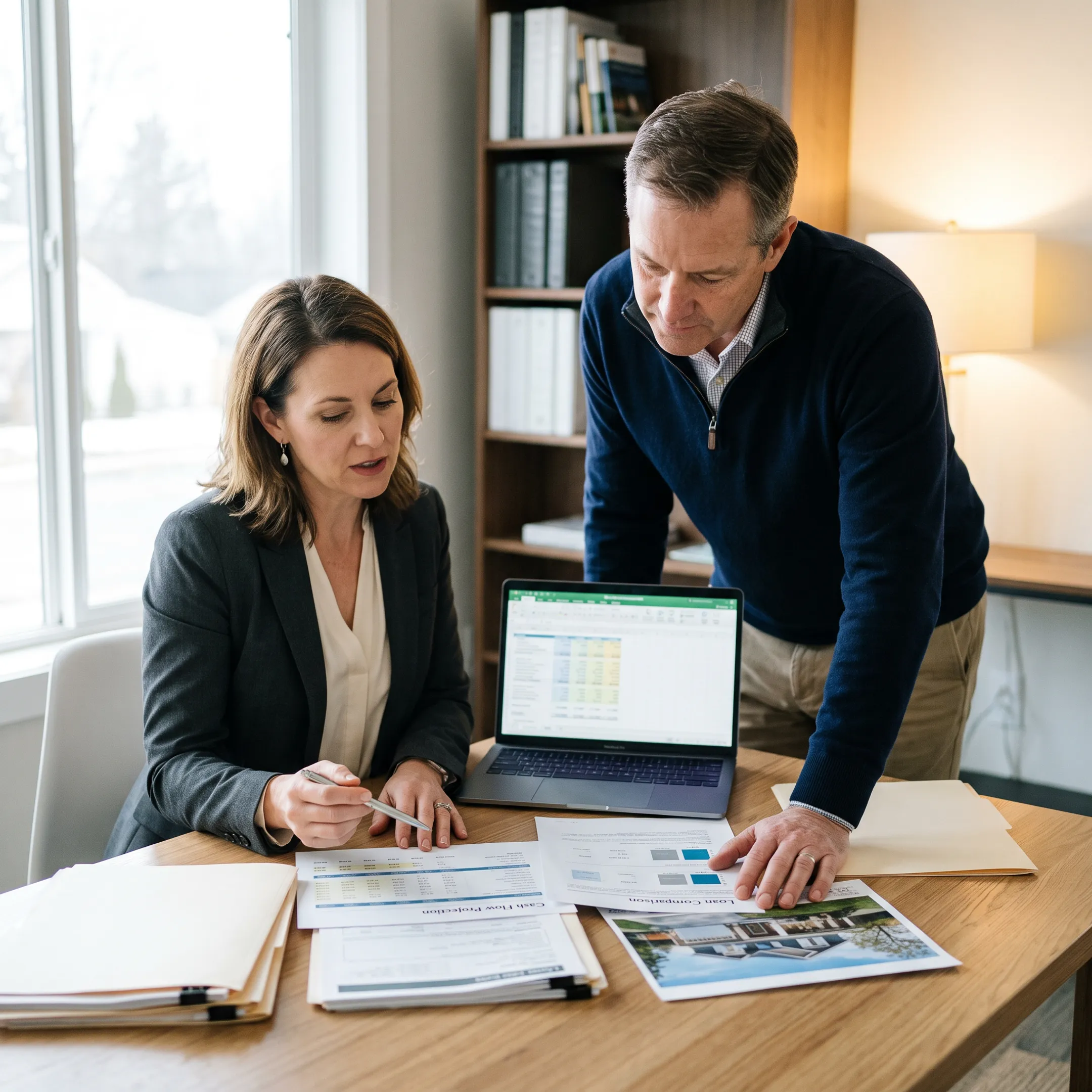 Investor reviewing investment property financing options with a financial advisor