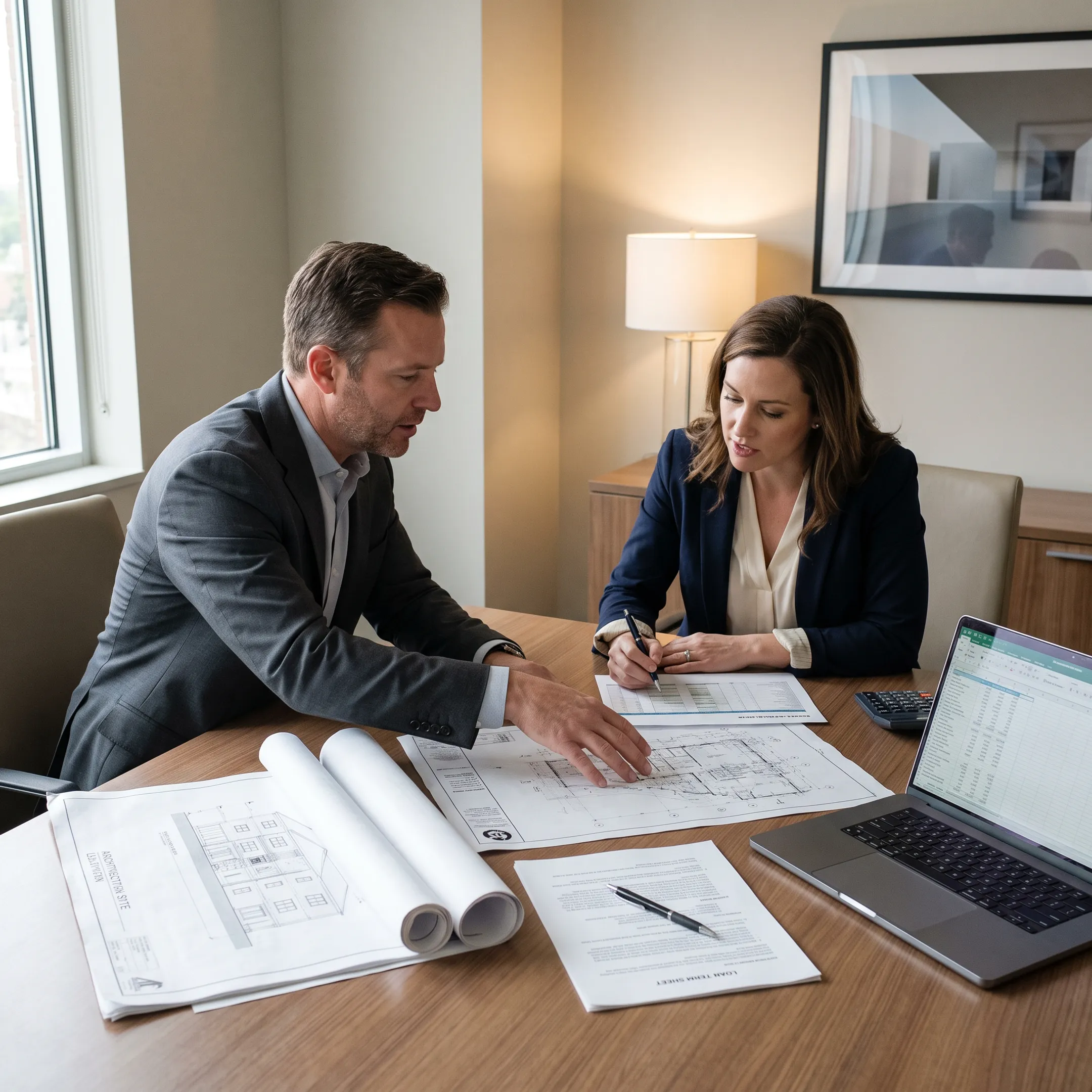 Developer reviewing construction financing plans with a lending advisor