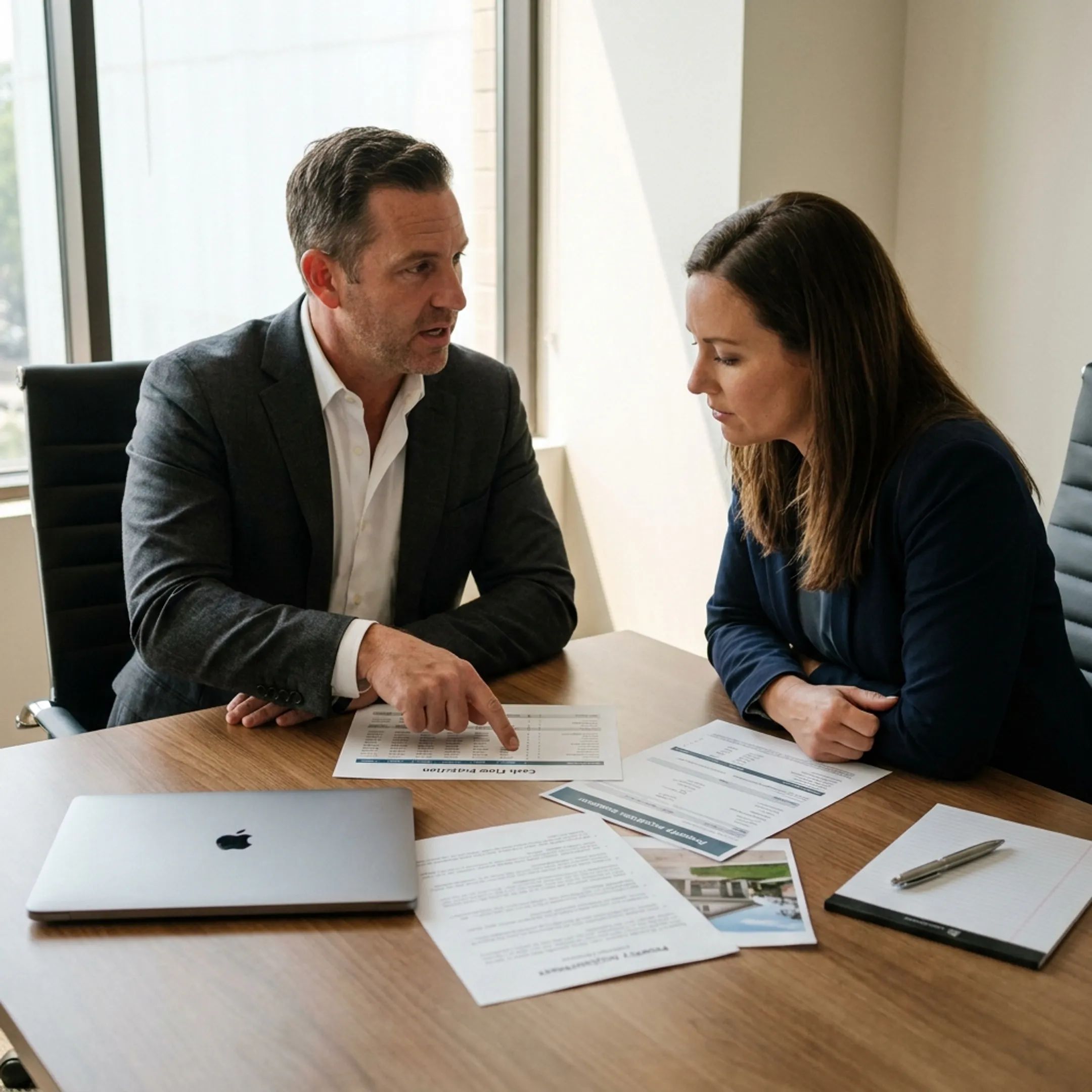 Investor and lending advisor discussing a commercial property financing strategy