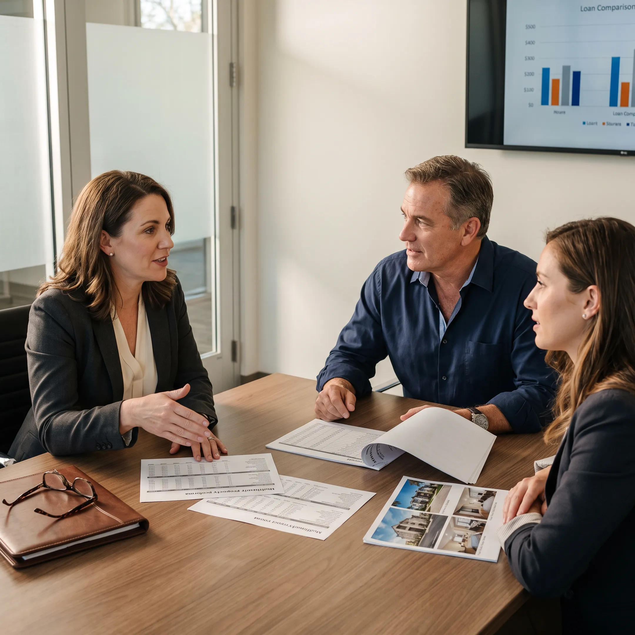 Advisor reviewing multifamily property financing with real estate investors