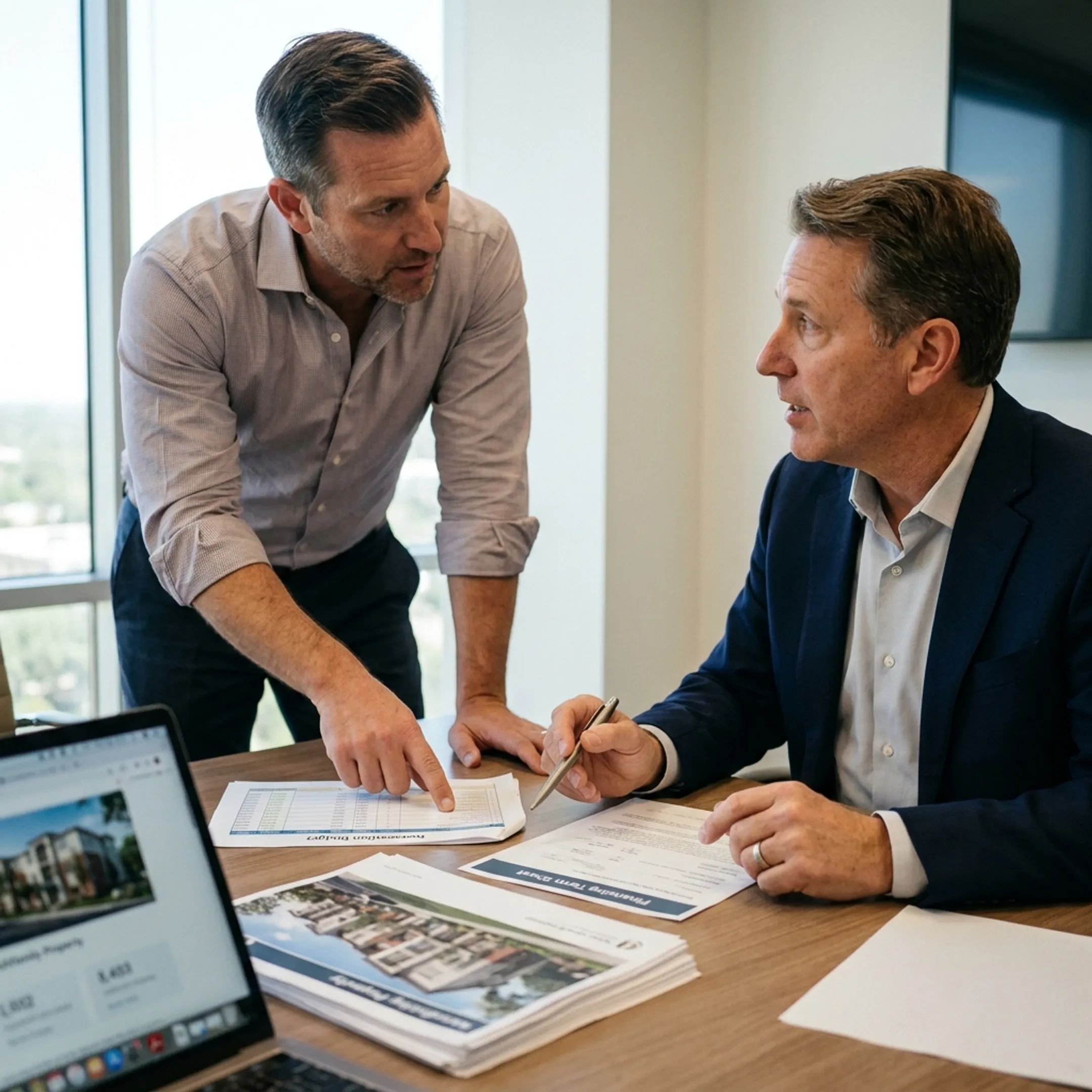 Investor and loan partner discussing fix-and-flip financing documents