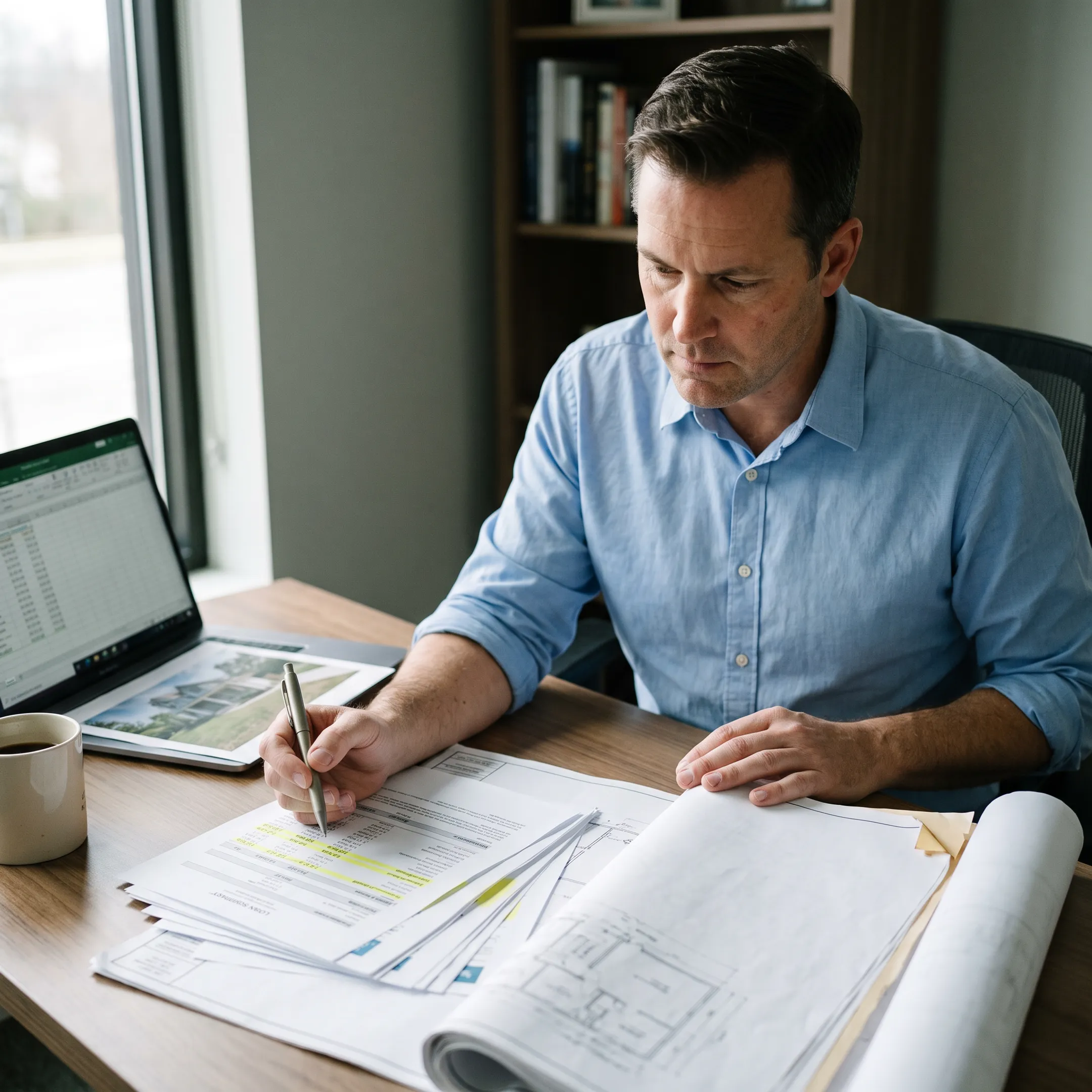 Real estate investor reviewing a property renovation plan with a lending professional