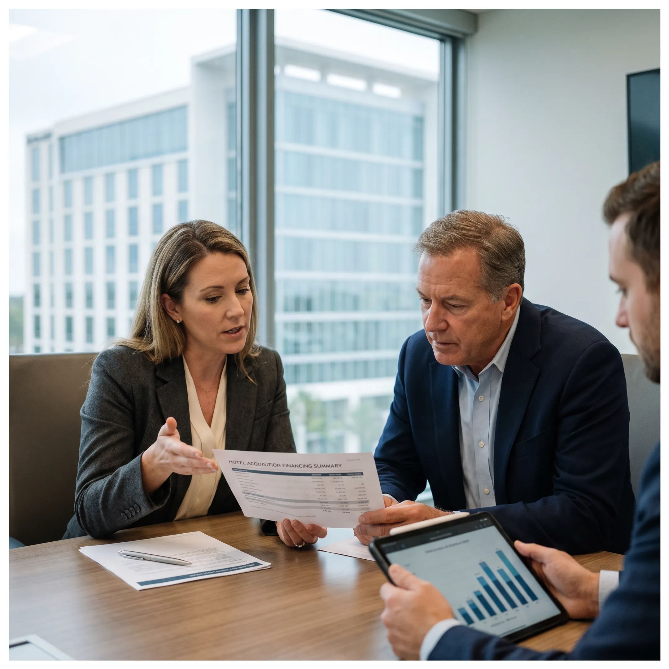 Lender reviewing hotel bridge financing documents with real estate investor