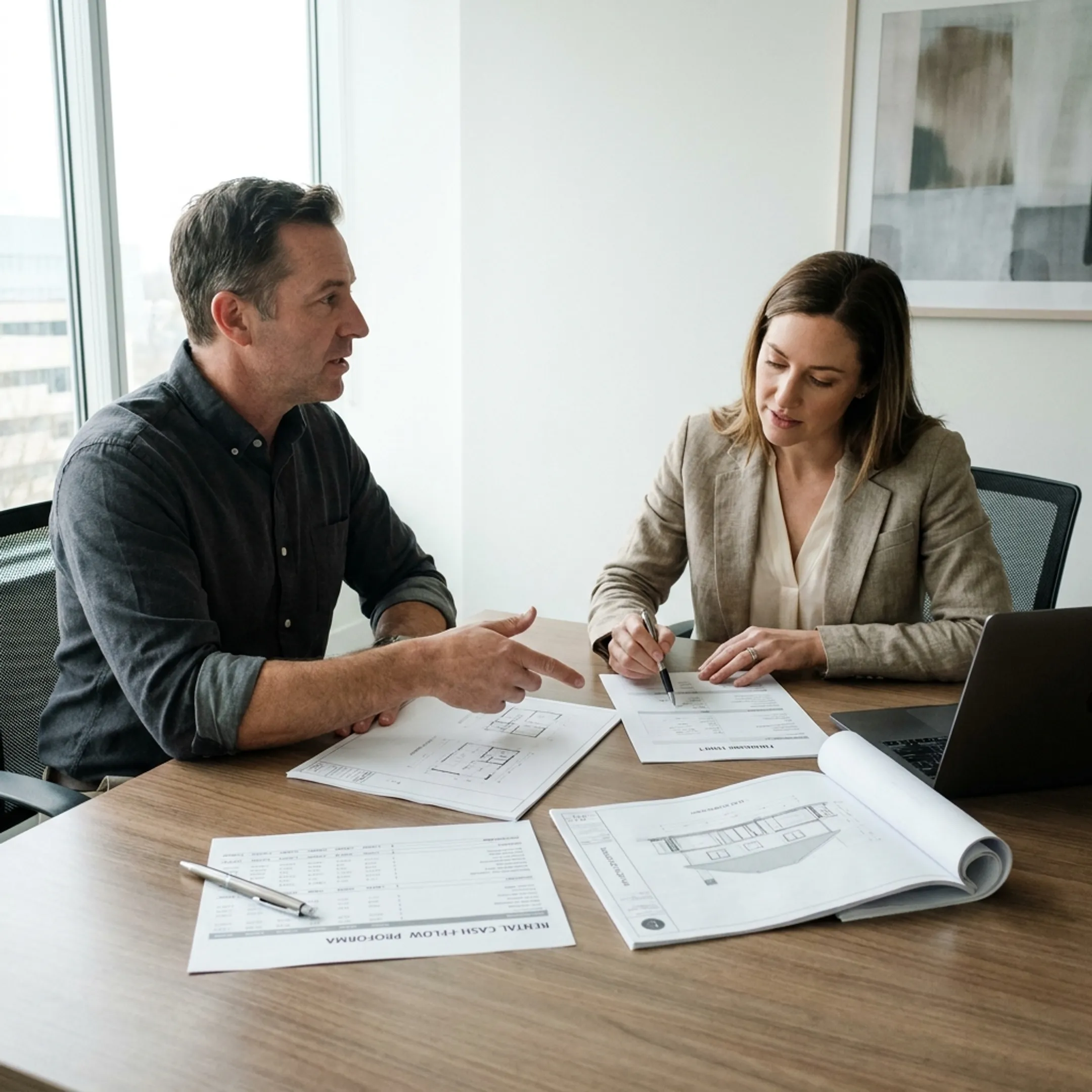 Investor and lending professional discussing a rental renovation project