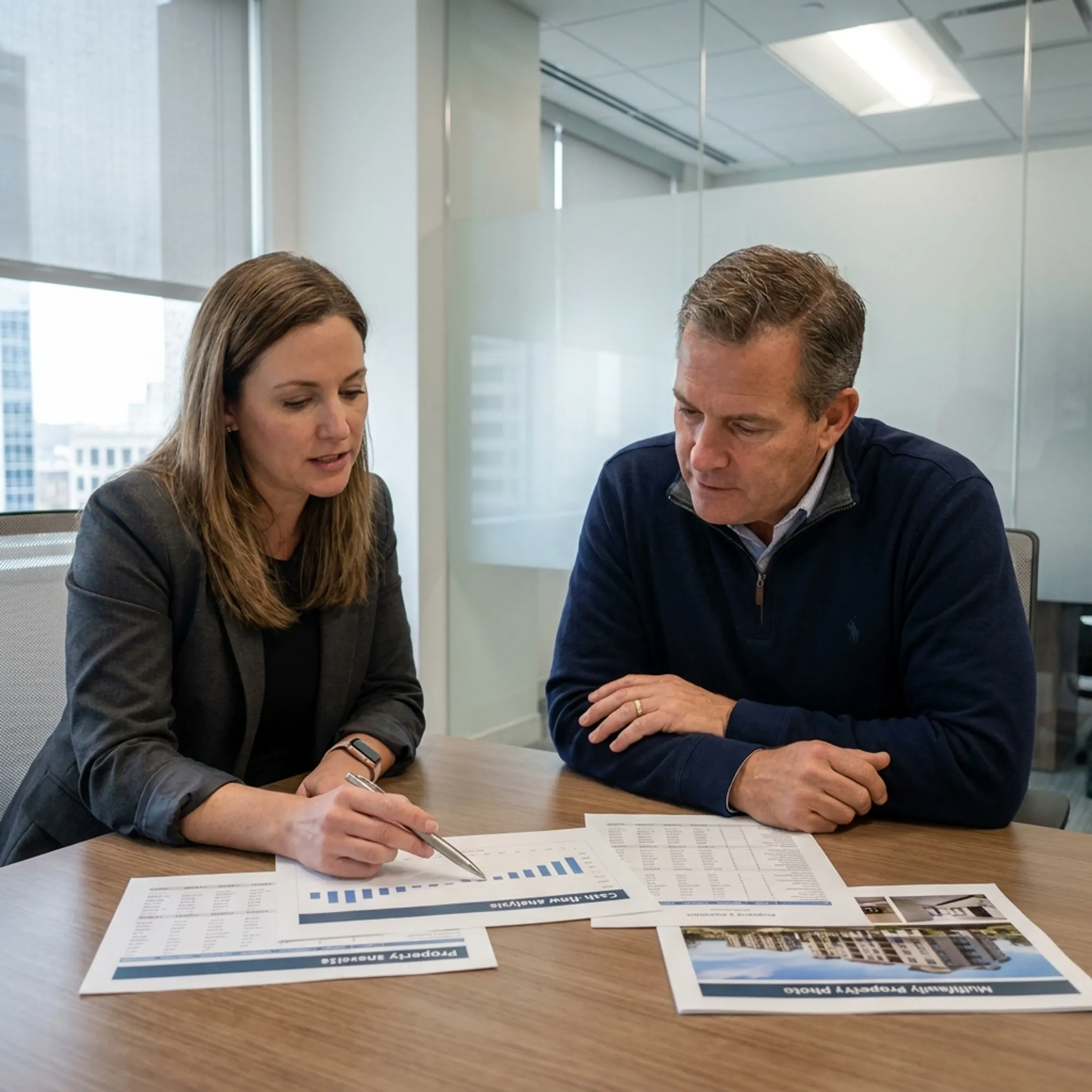 Advisor presenting commercial property financing options to an investor