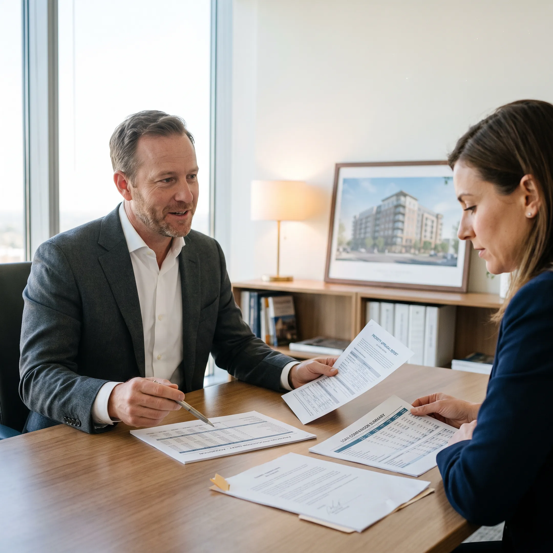 Commercial real estate investor reviewing financing documents with a lending advisor