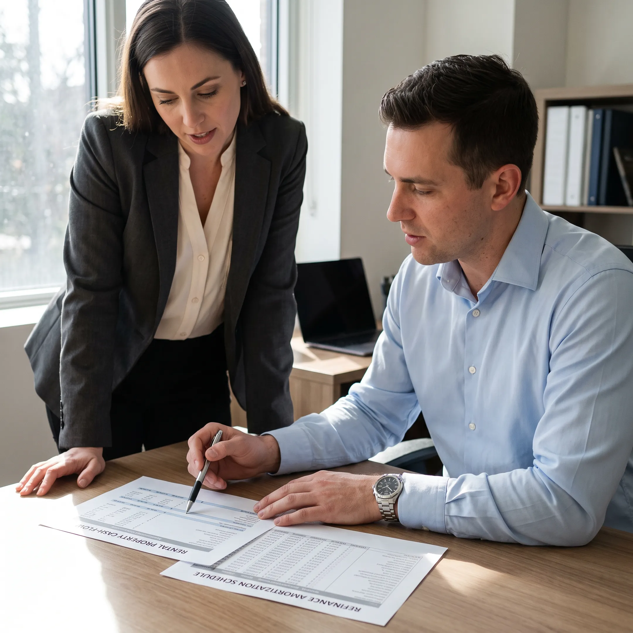 Investor reviewing rental property refinance documents with lending advisor