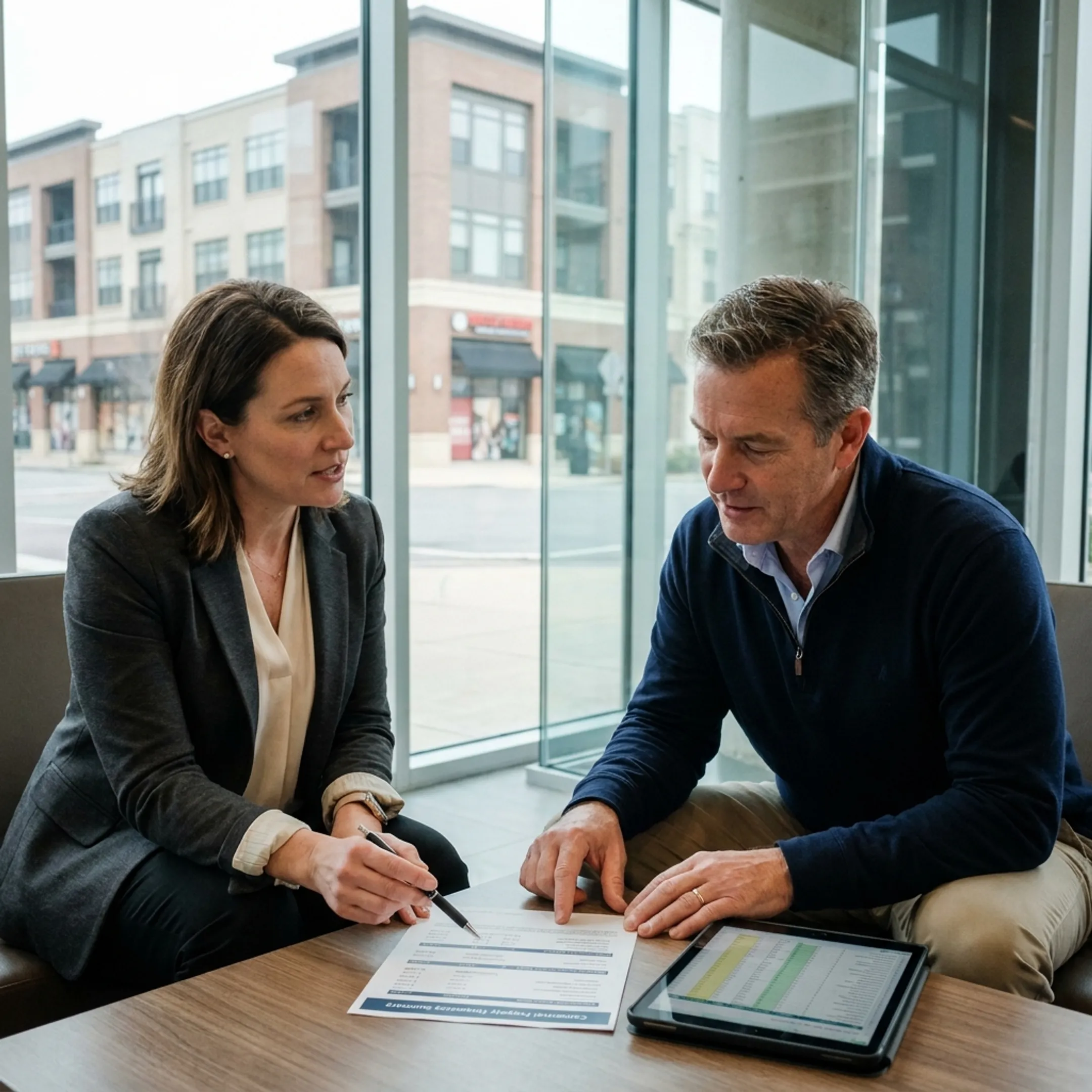Advisor discussing commercial property financing with investor