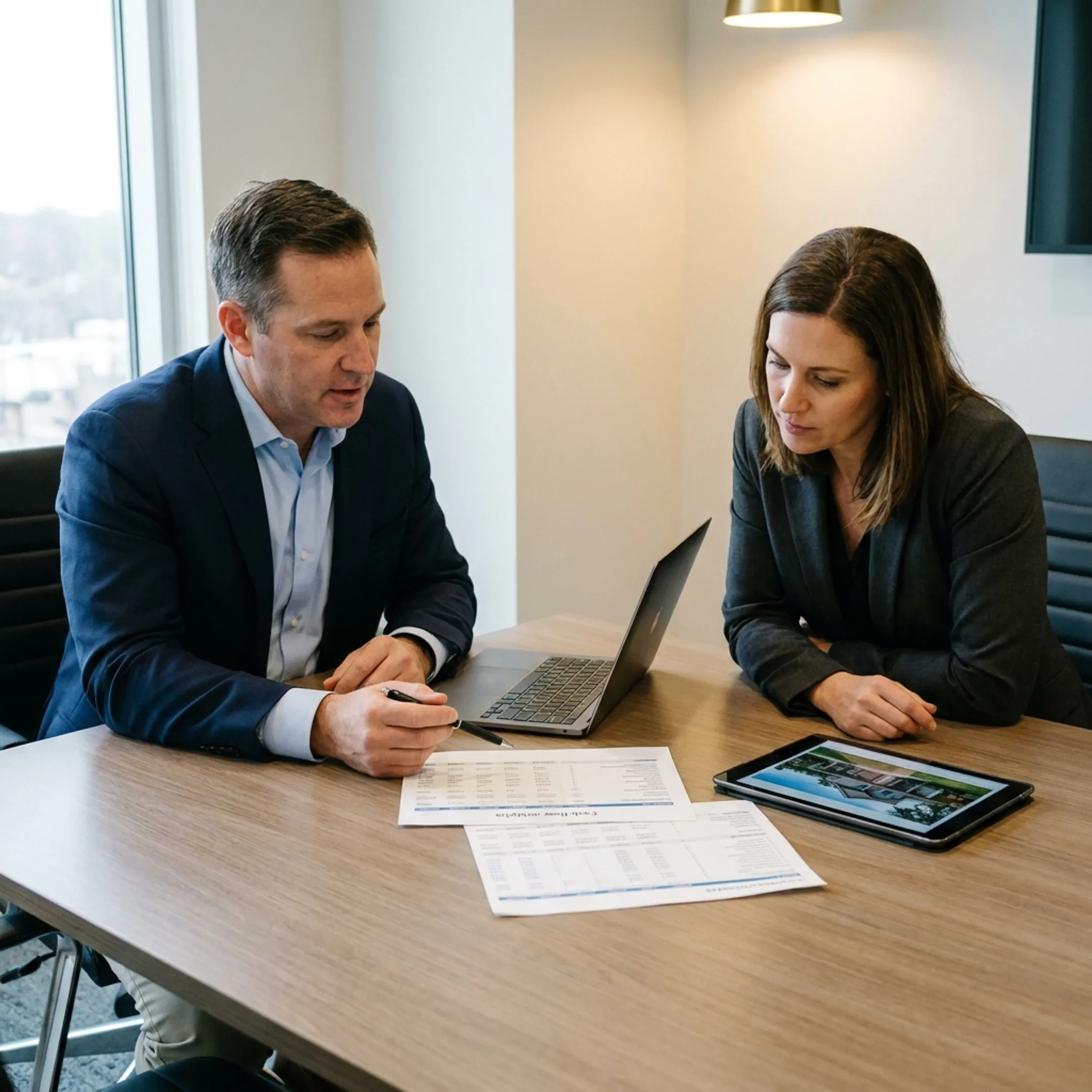 Financial professional presenting rental property loan options to an investor