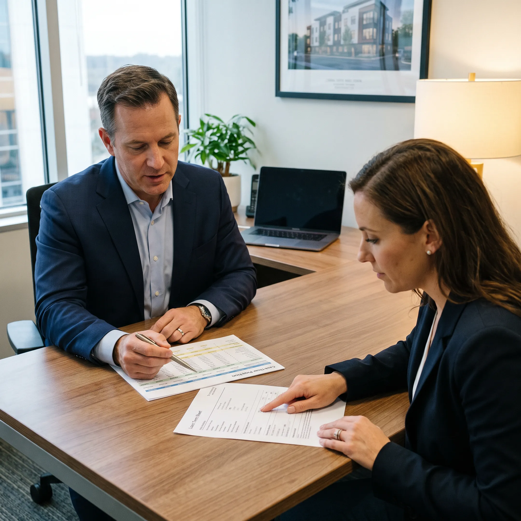 Investor reviewing rental property financing documents with a lending professional