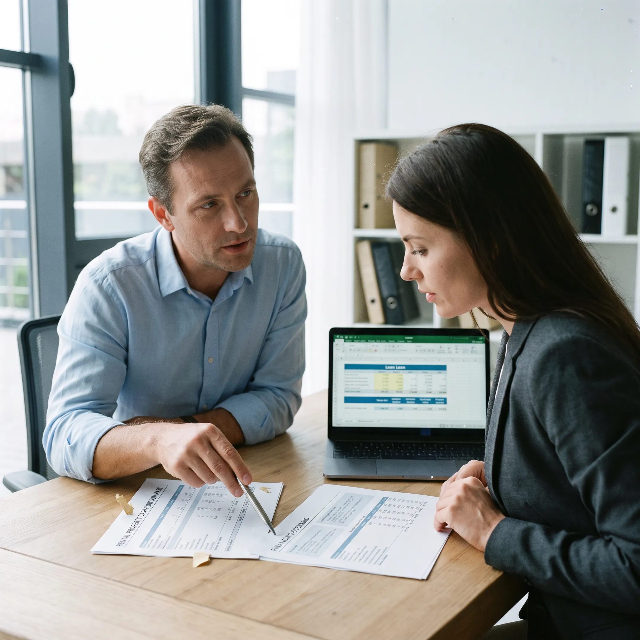 Real estate investor reviewing DSCR mortgage documents with a financial advisor