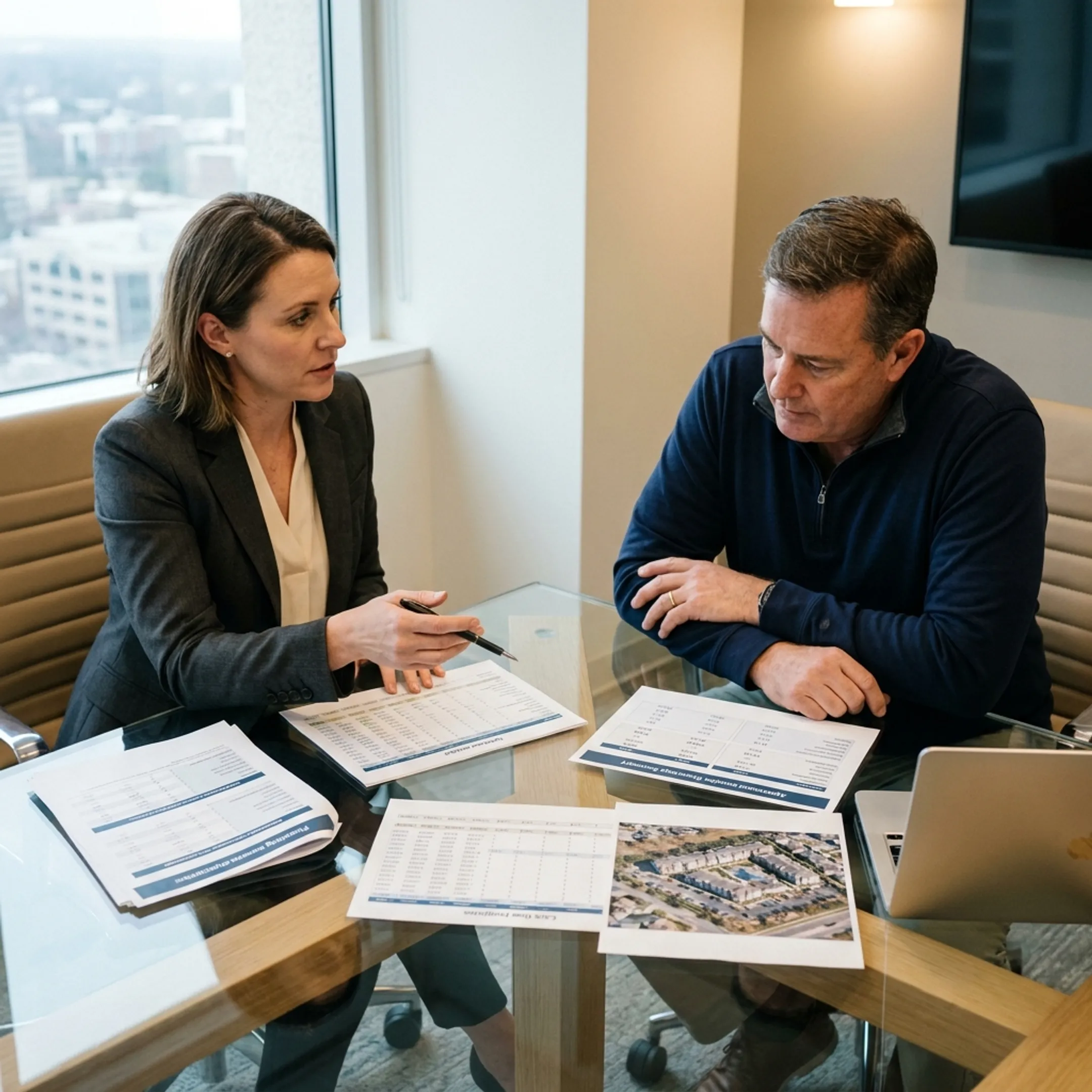 Financial professional presenting apartment financing strategy to an investor