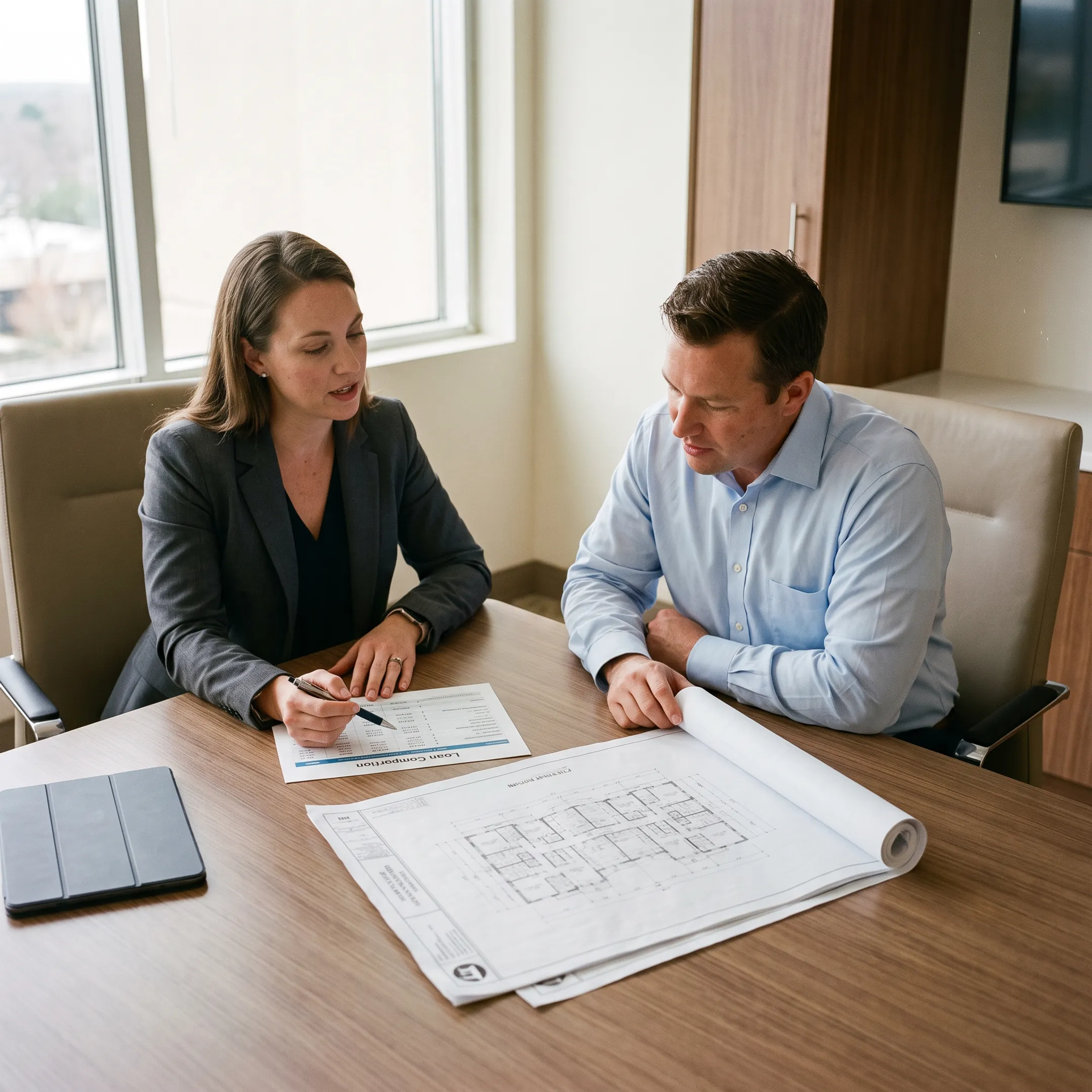 Investor reviewing apartment complex financing documents with a lending professional