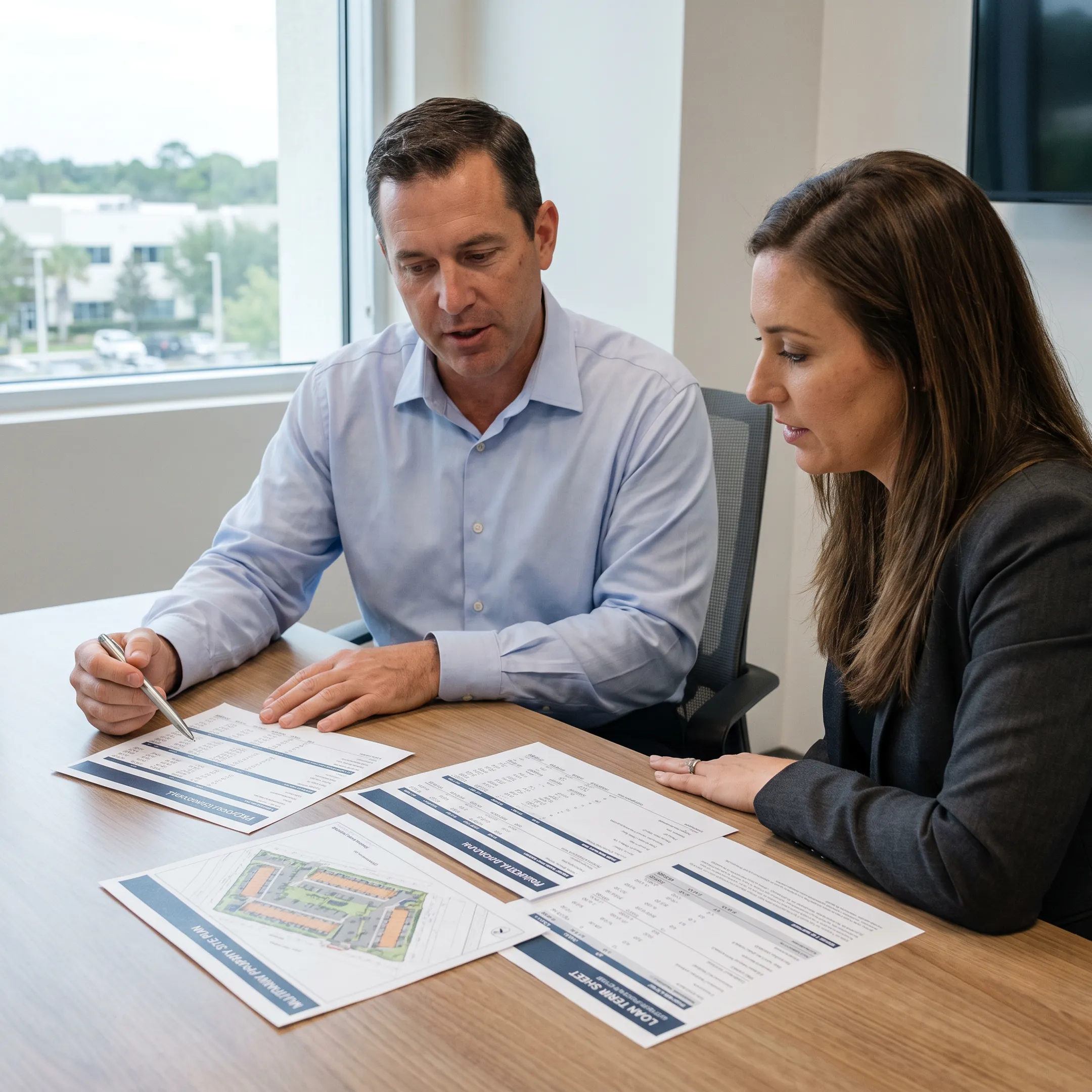 Commercial real estate financing consultation with property documents