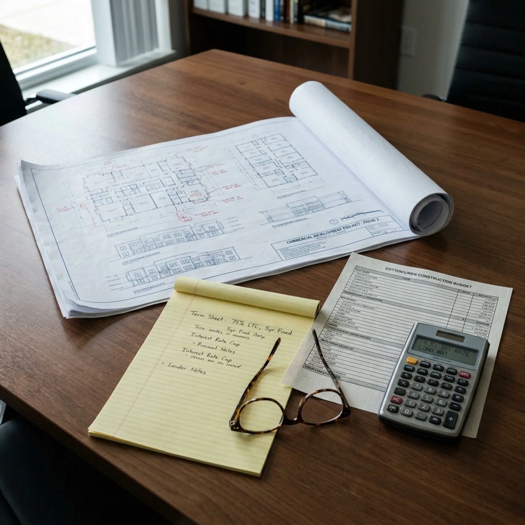 Construction project plans and financing documents on a desk