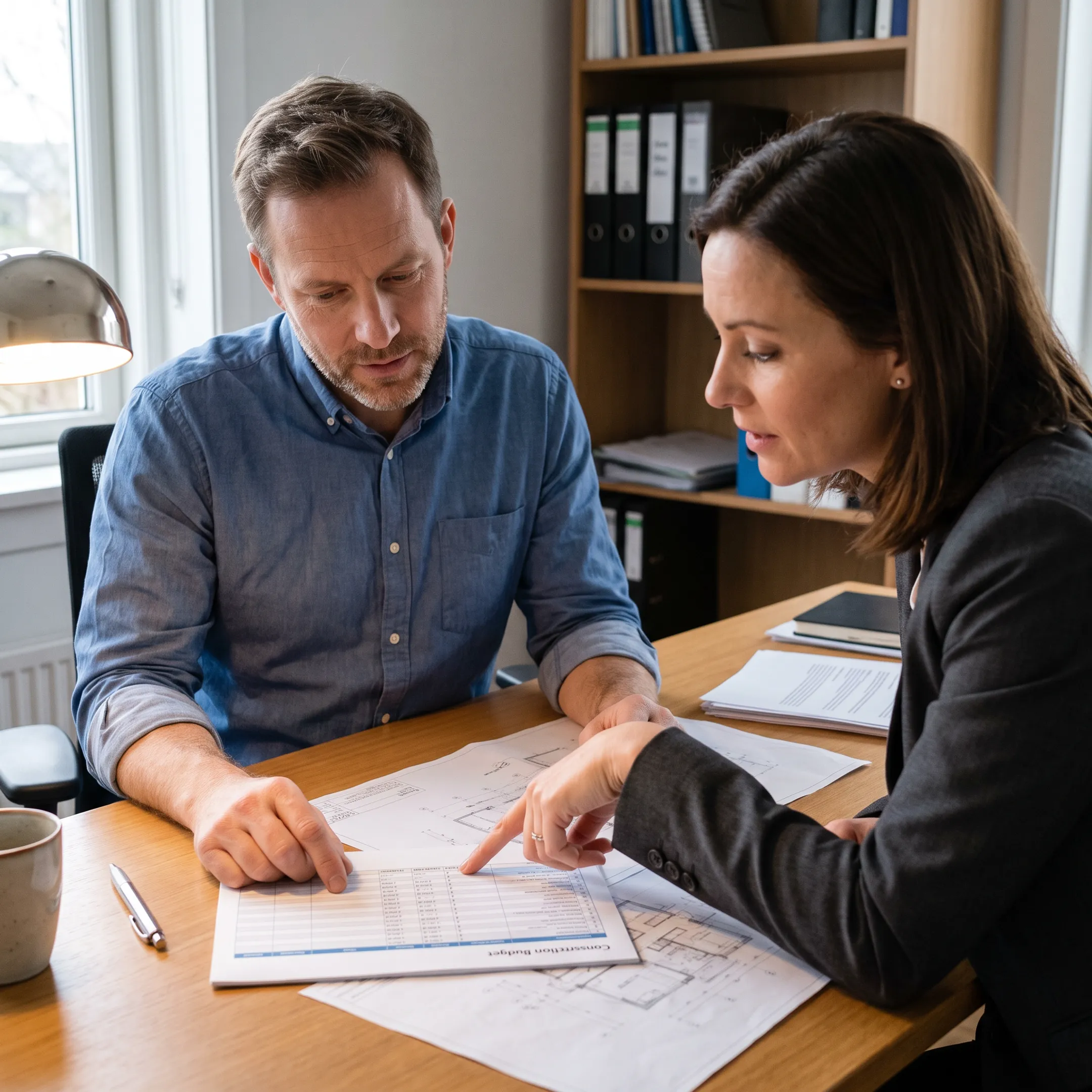 Investor reviewing private construction loan documents with a lender