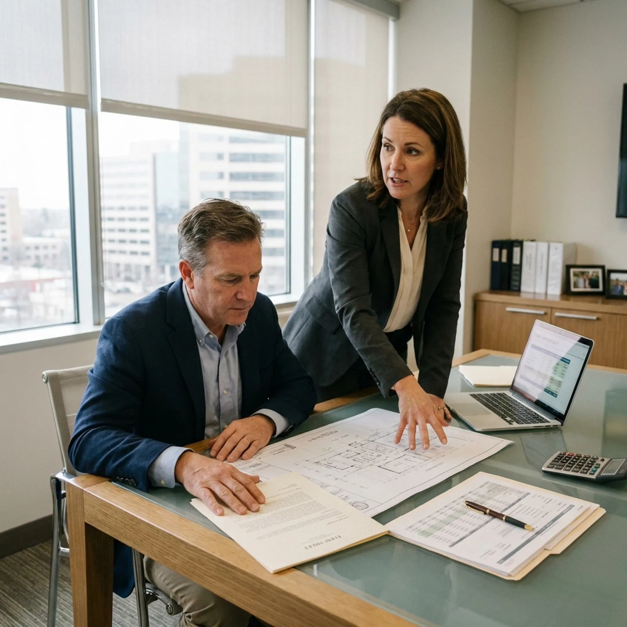 Commercial mortgage broker reviewing property financing documents with an investor