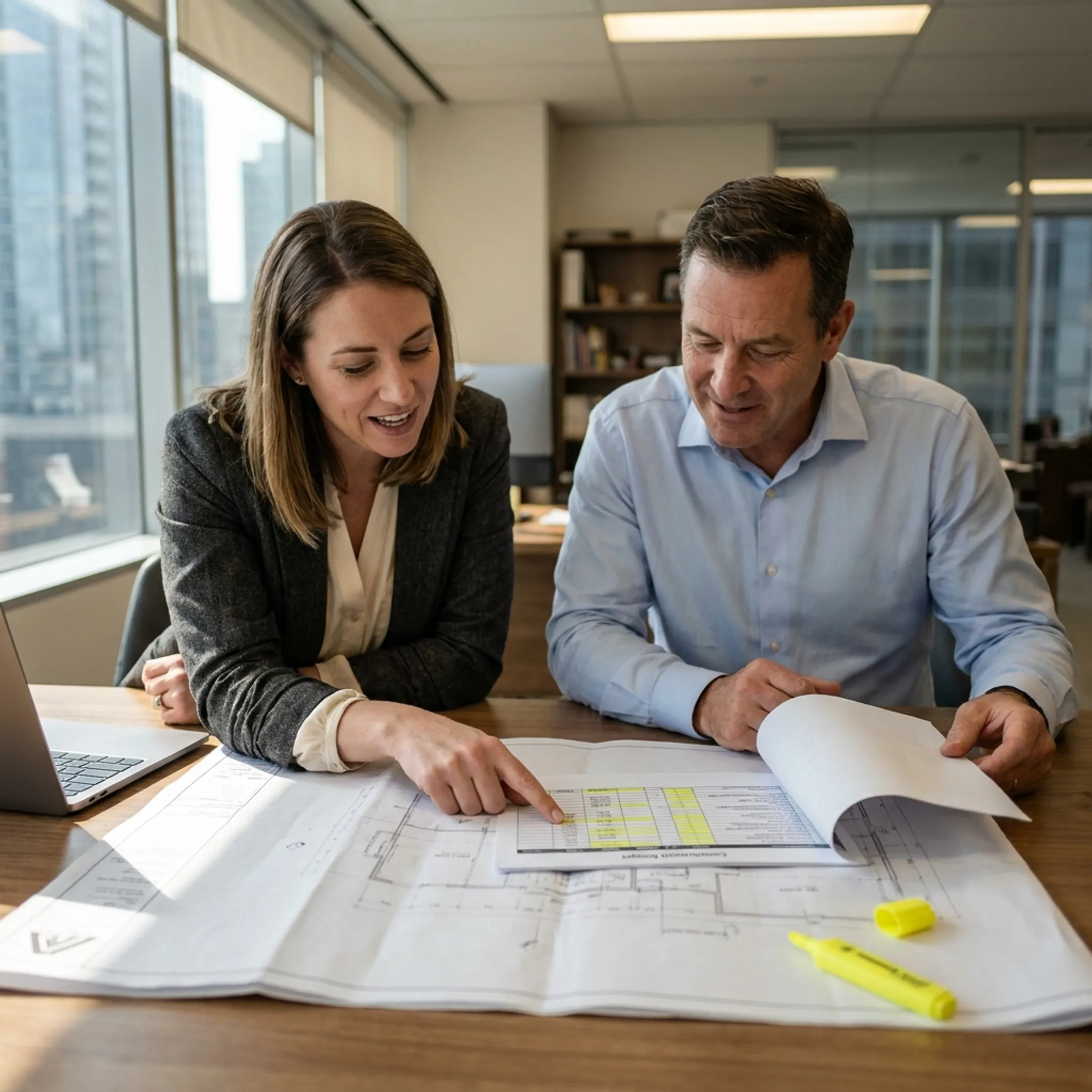 Lender reviewing construction plans with real estate developer