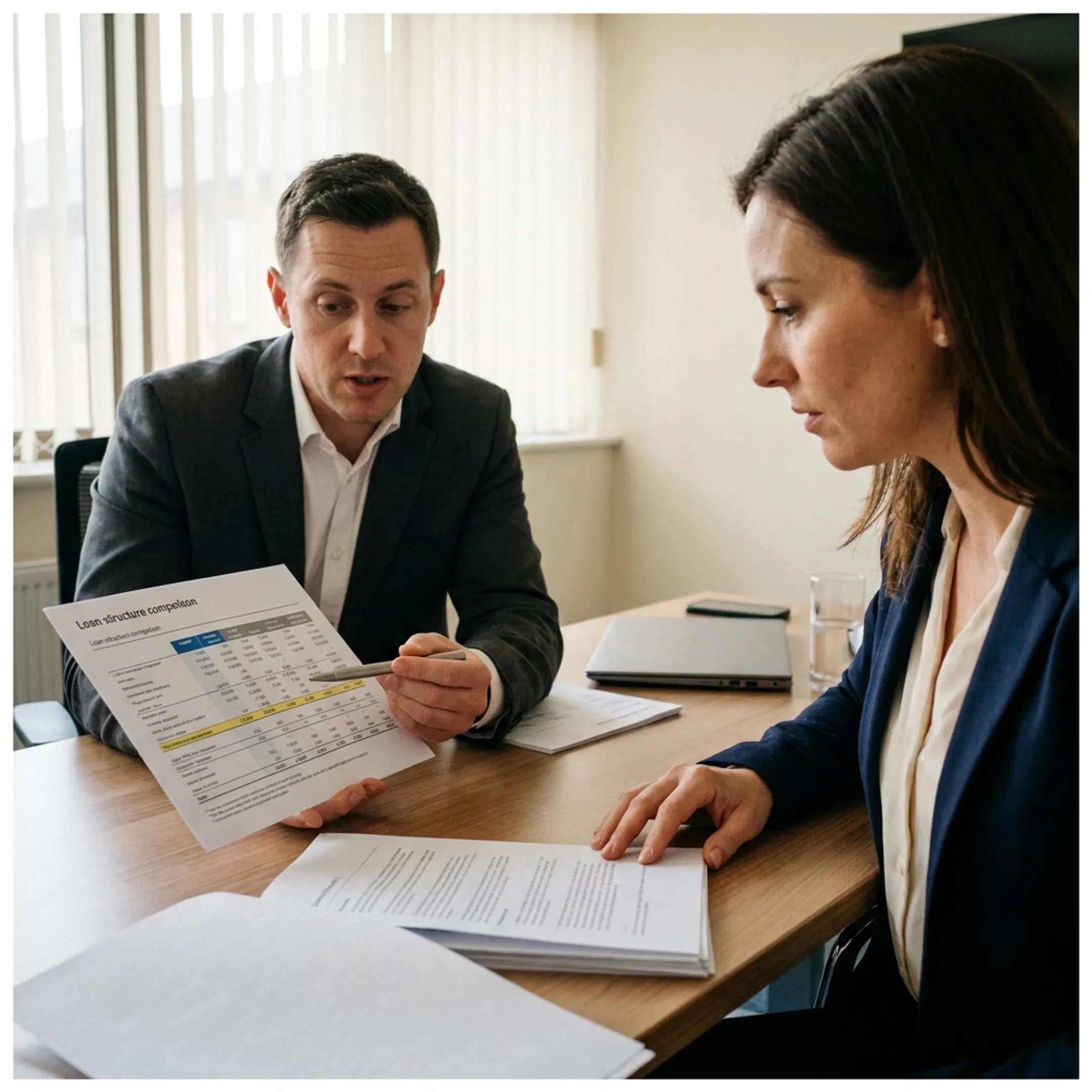 Advisor explaining business acquisition loan options to an owner