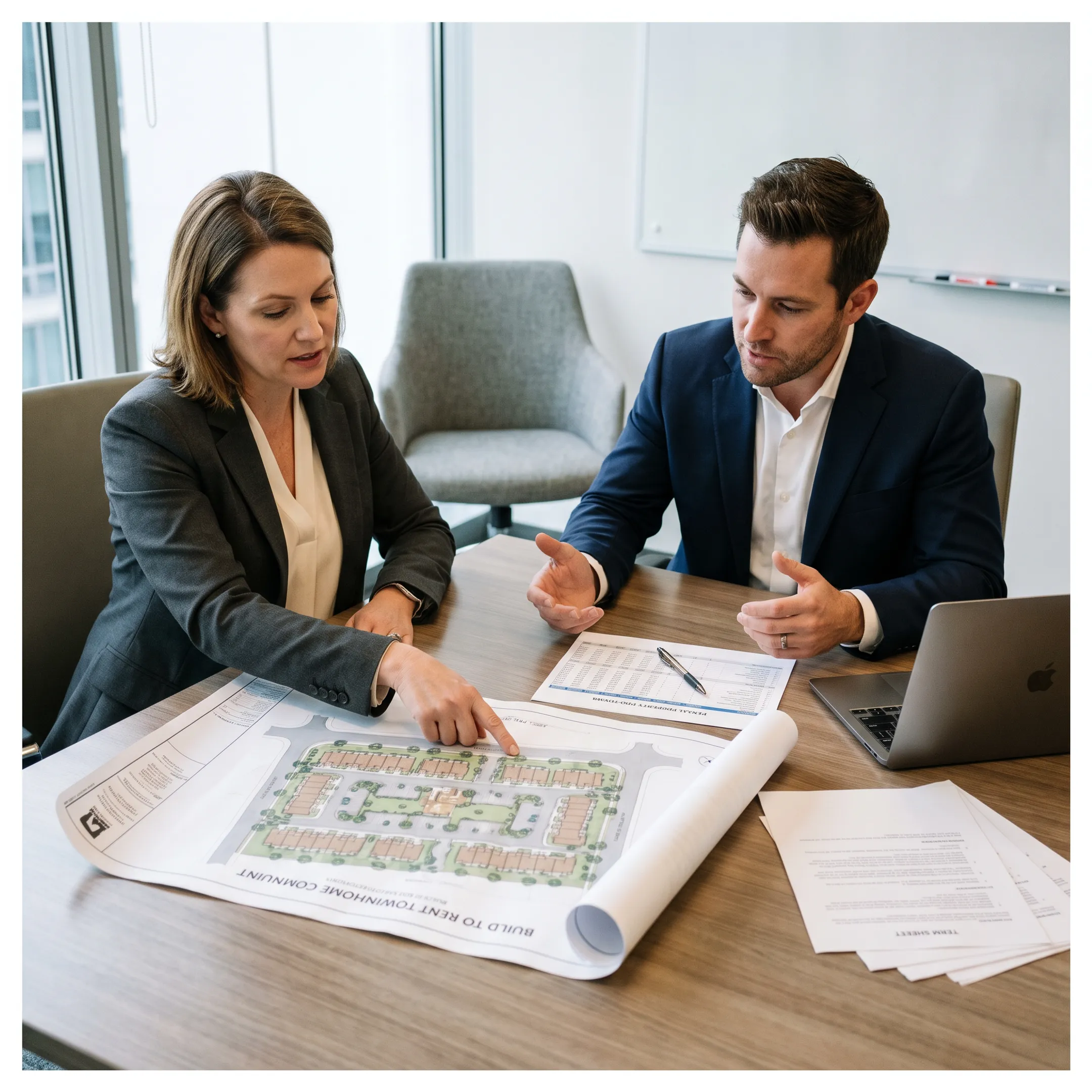 Professionals reviewing build-to-rent financing plans