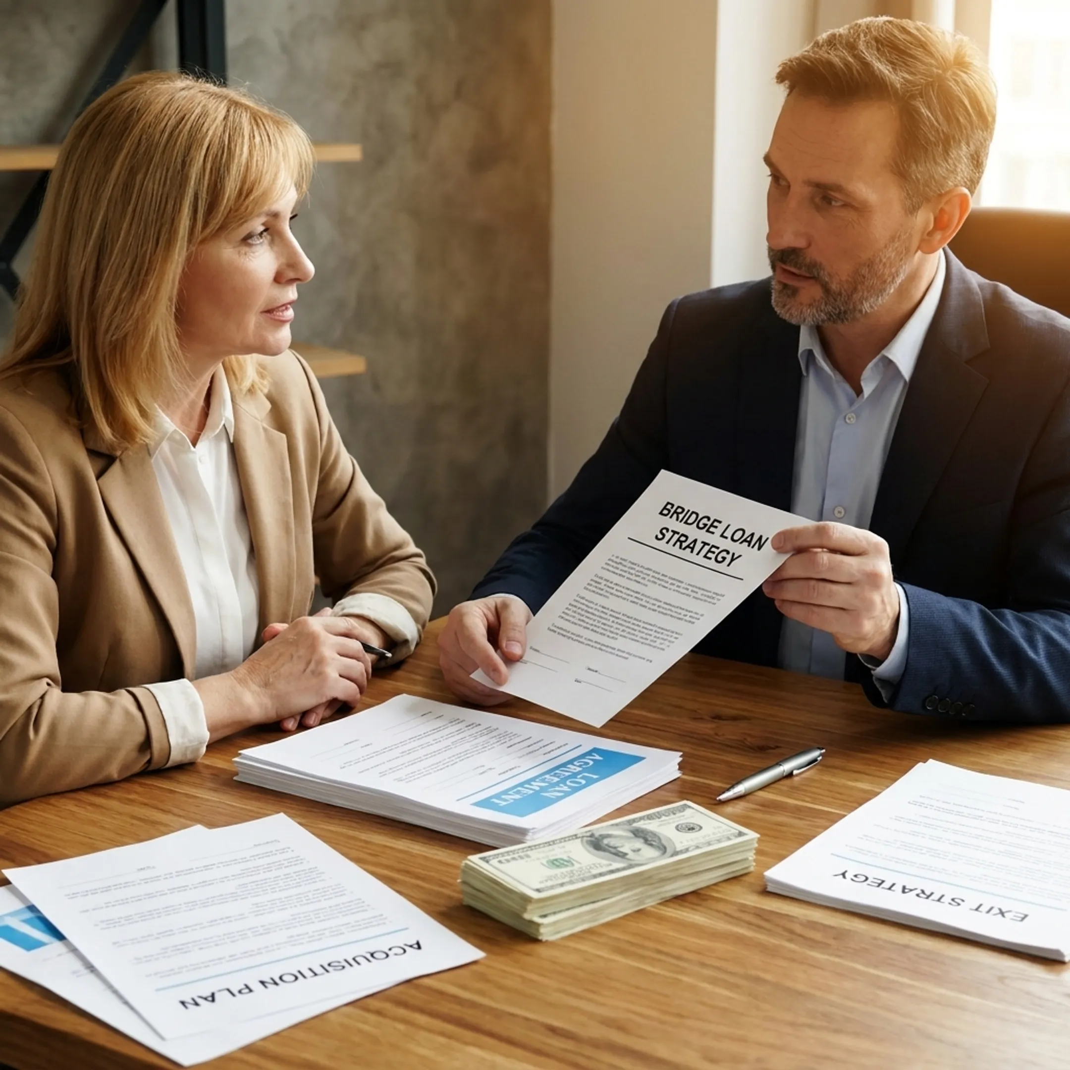 Financial advisor discussing bridge financing with a real estate investor
