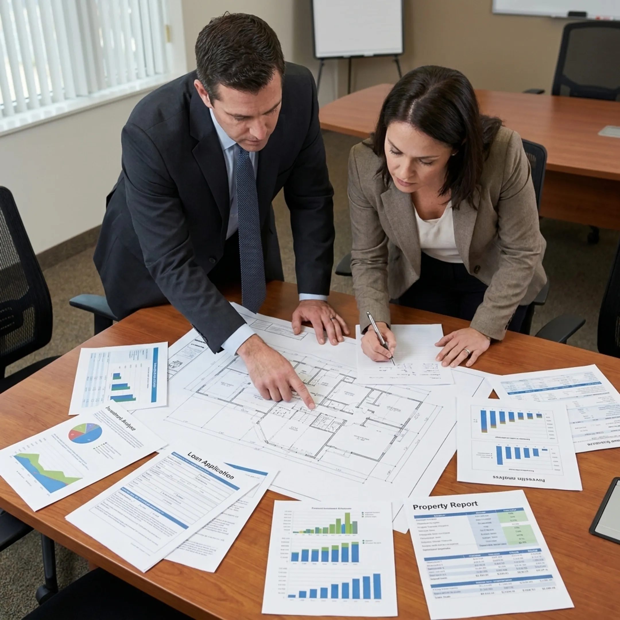 Lending professionals analyzing a real estate investment project