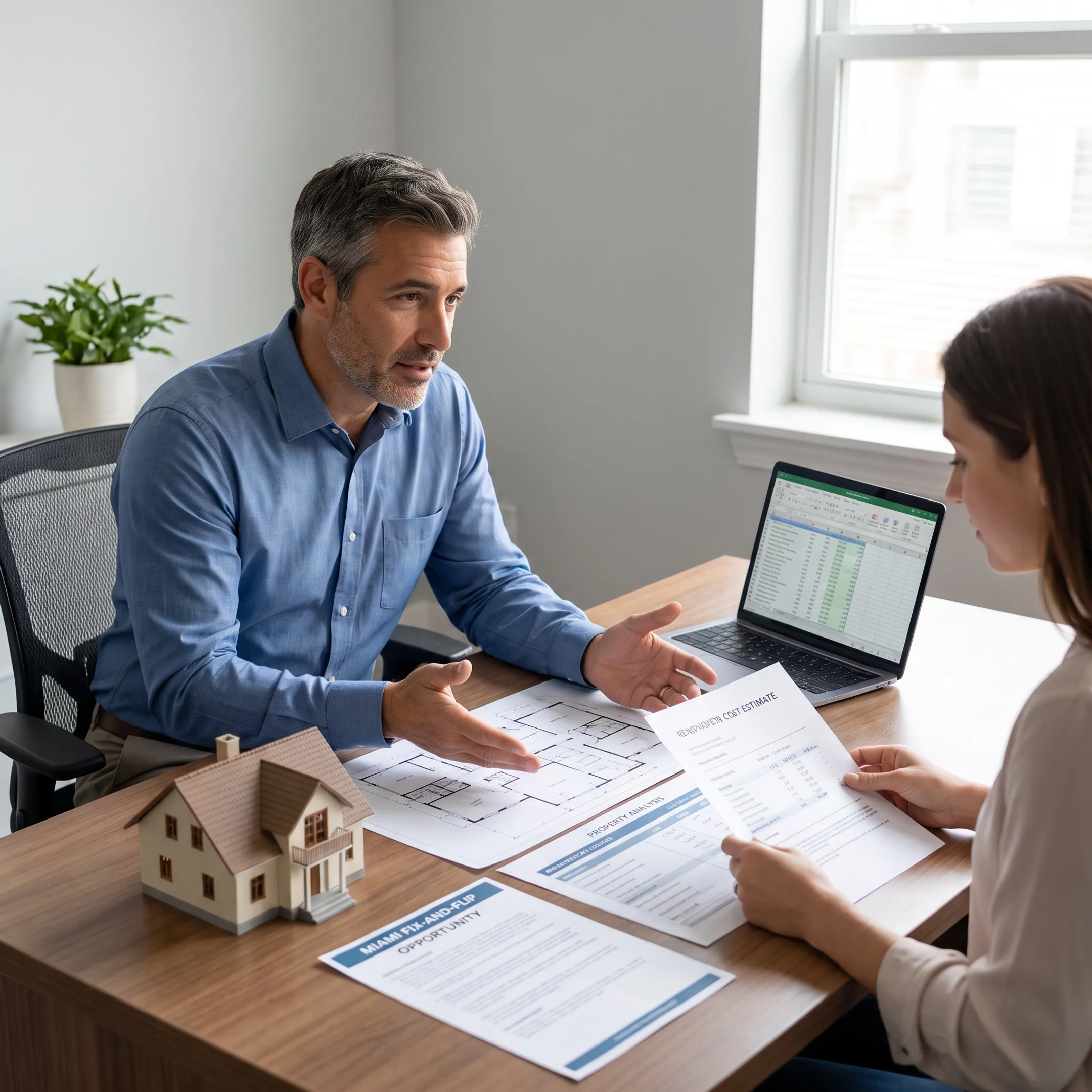 Advisor explaining a fix-and-flip loan structure to a real estate investor