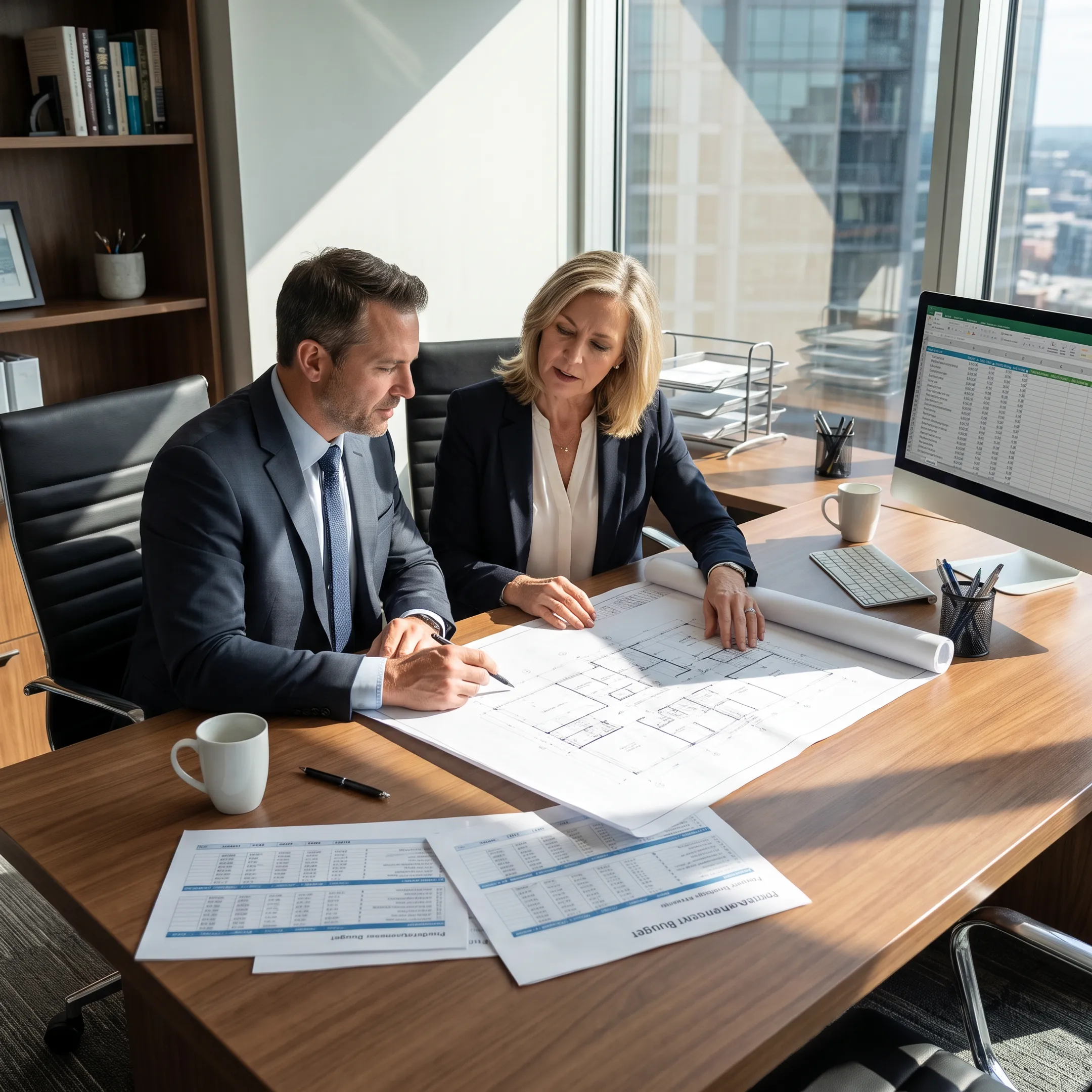 Investor reviewing construction plans with a lending advisor