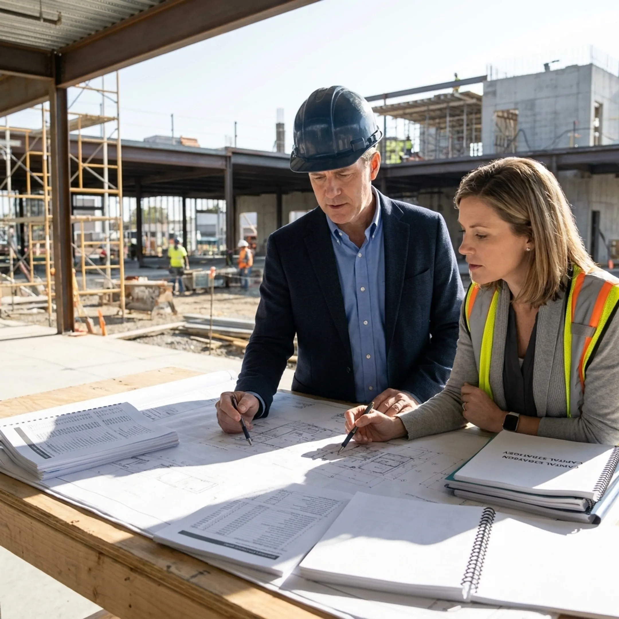 Developer reviewing commercial construction financing plans