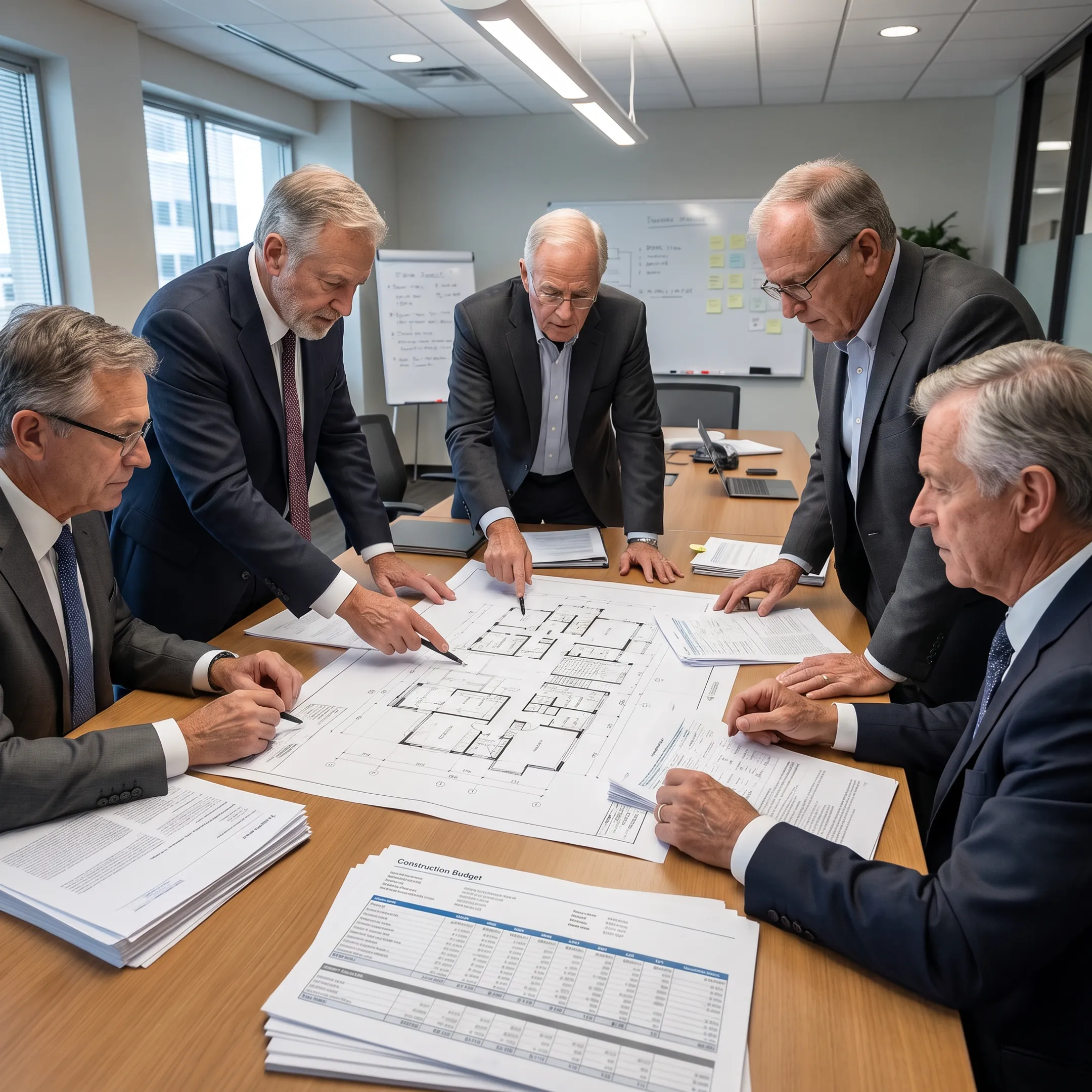 Commercial real estate development financing meeting with plans and project documents