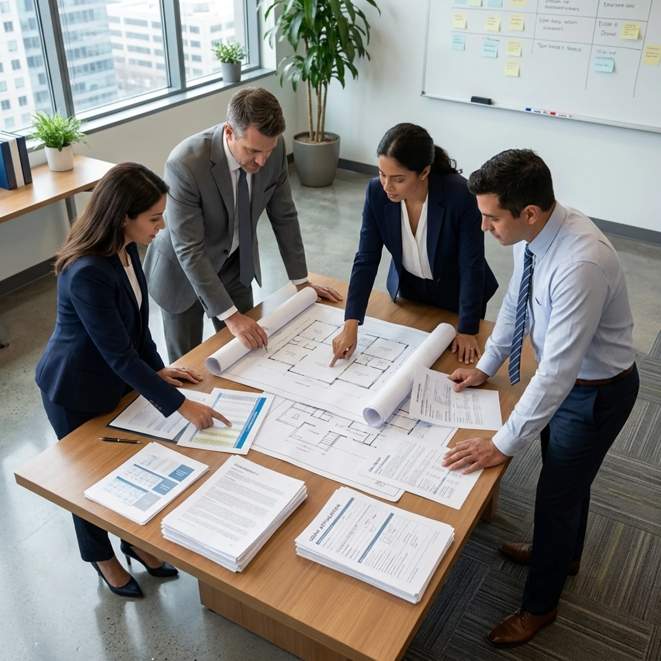 Financial team reviewing a real estate development funding package