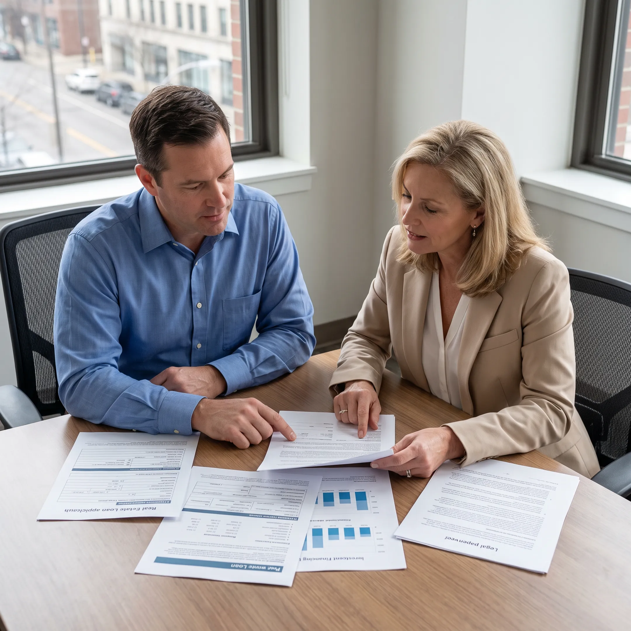 Financial professional reviewing real estate loan documents with an investor