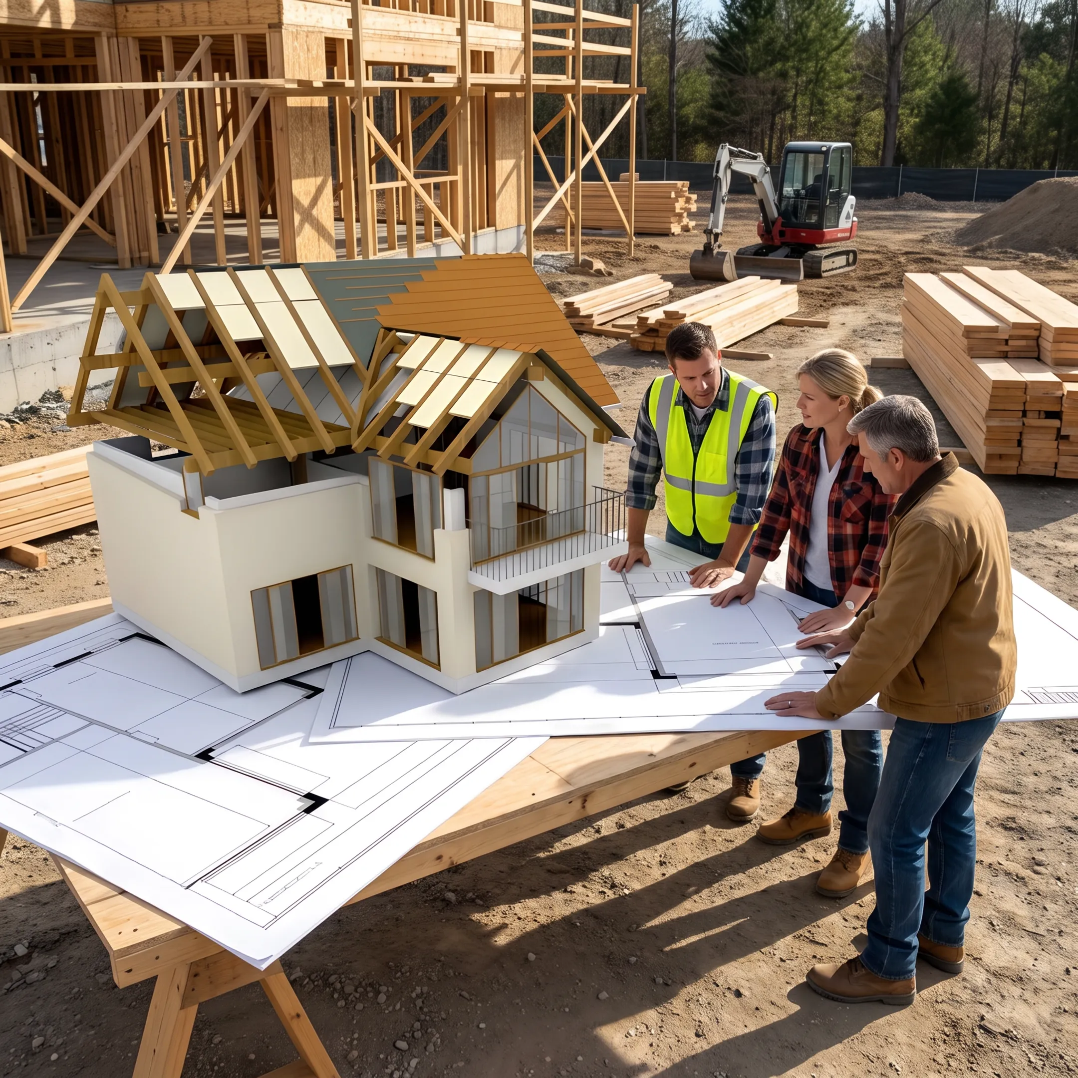 Construction team reviewing spec home plans at a residential development site