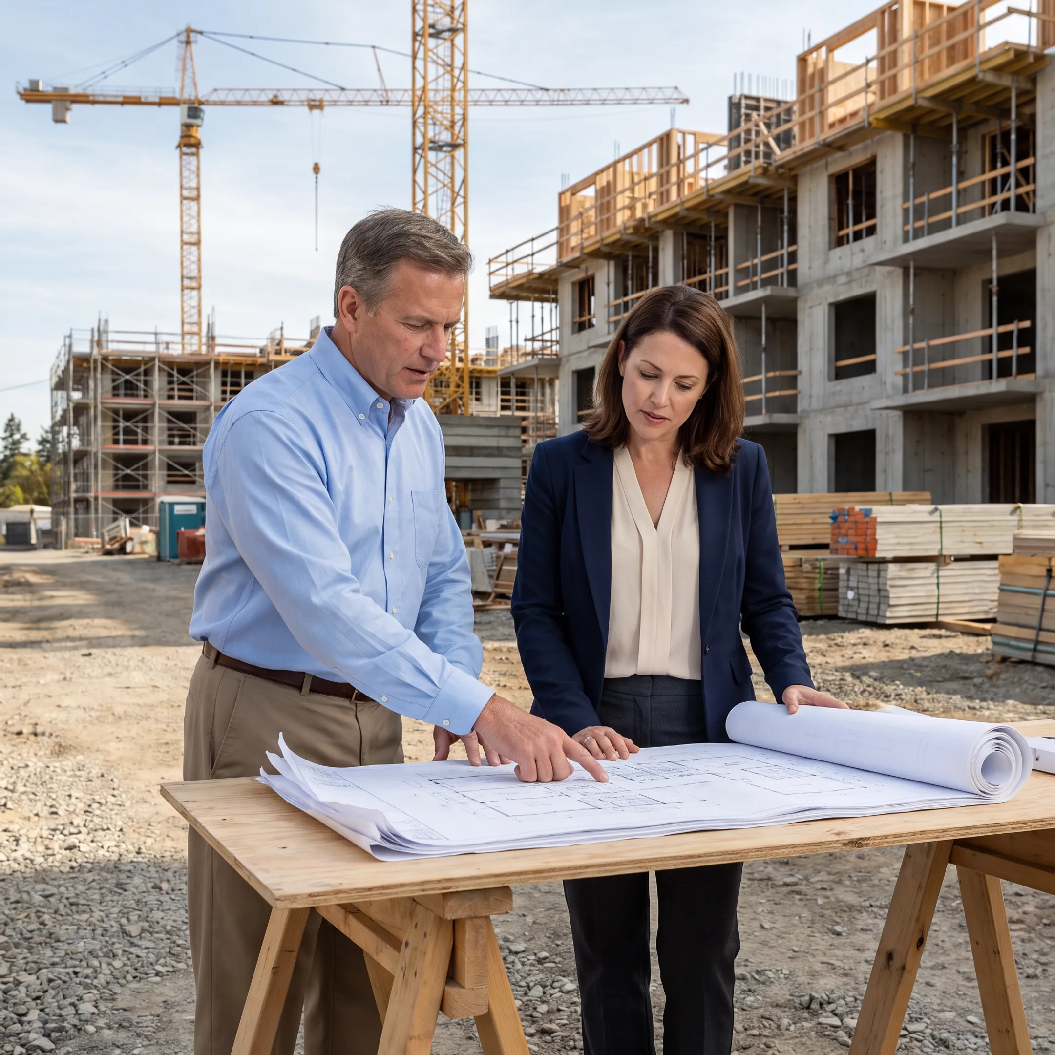 Multifamily construction site with lender and developer reviewing plans
