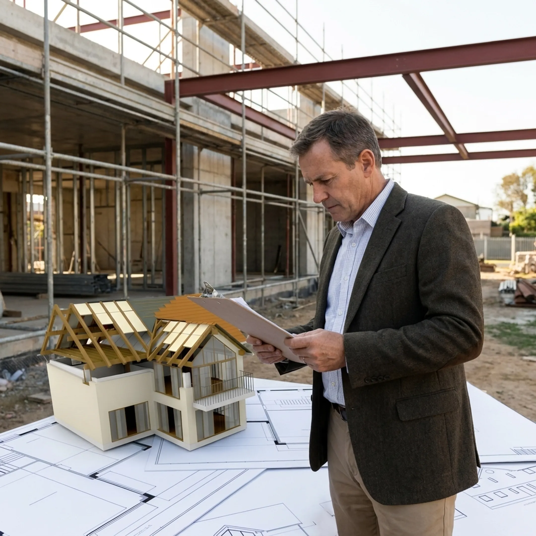 Investor reviewing commercial construction financing plans