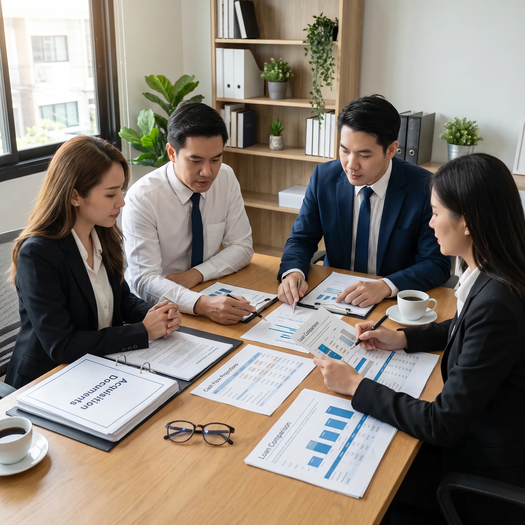 Business owners reviewing acquisition financing documents with a lending advisor