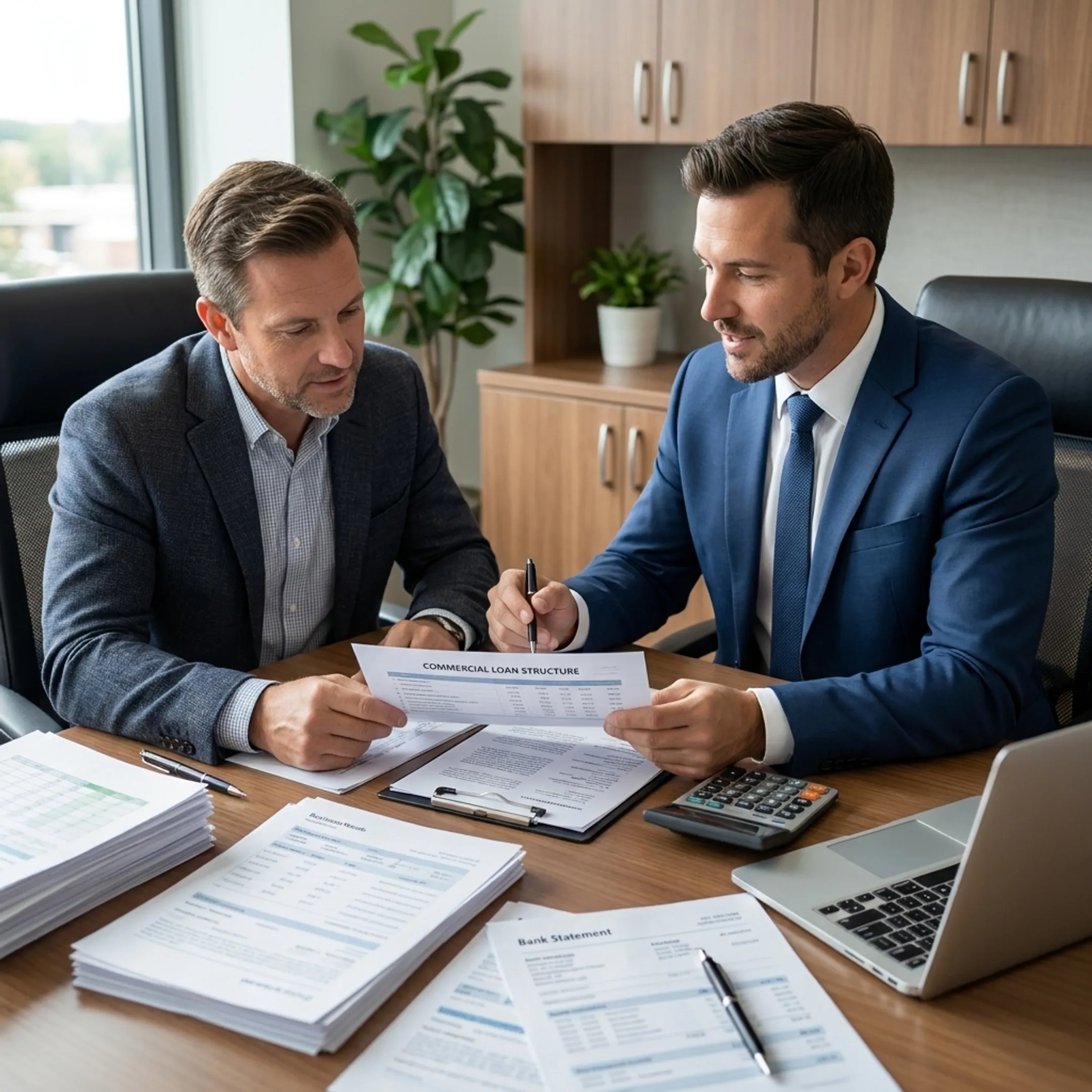 Advisor explaining business acquisition financing options