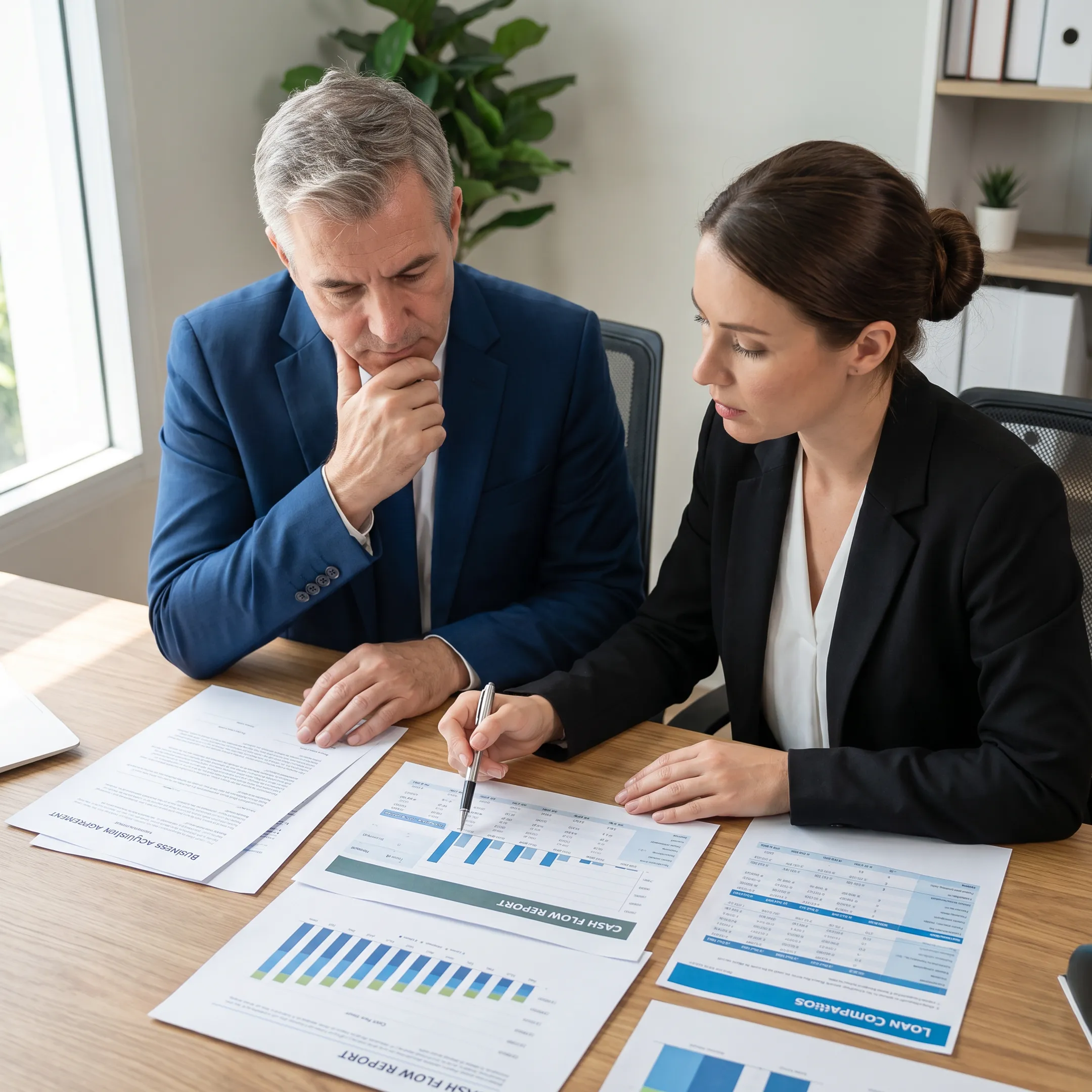 Business owner reviewing acquisition financing documents with a financial advisor