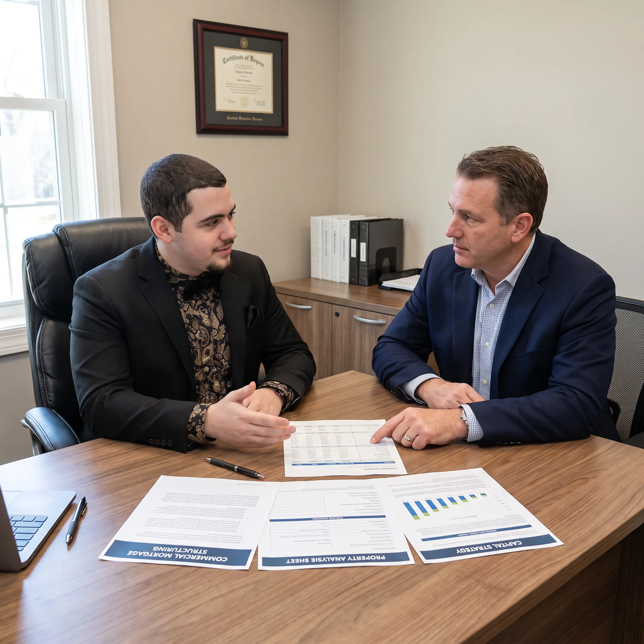 Advisor presenting commercial property financing options to an investor