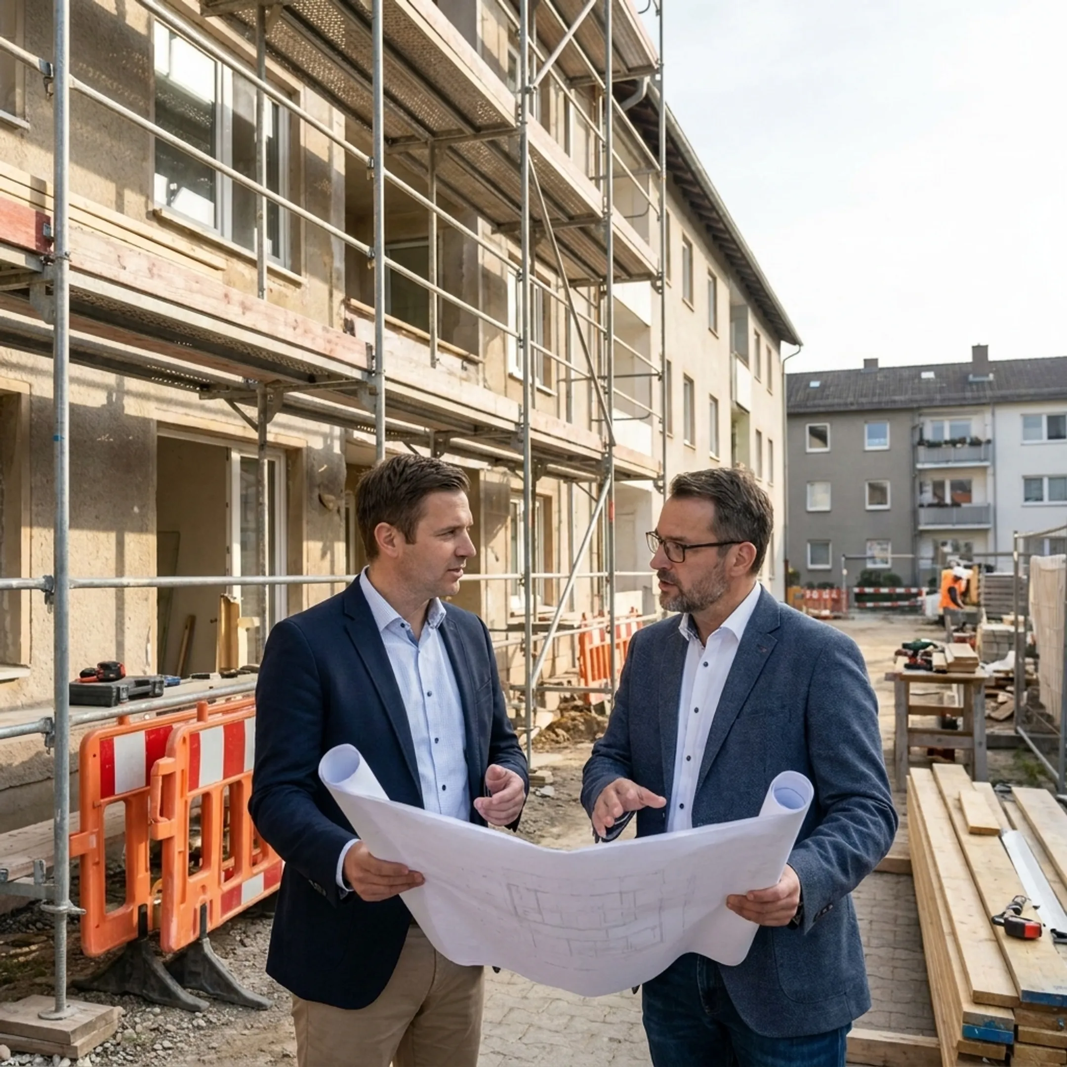 Apartment building undergoing rehabilitation with construction professionals reviewing renovation plans