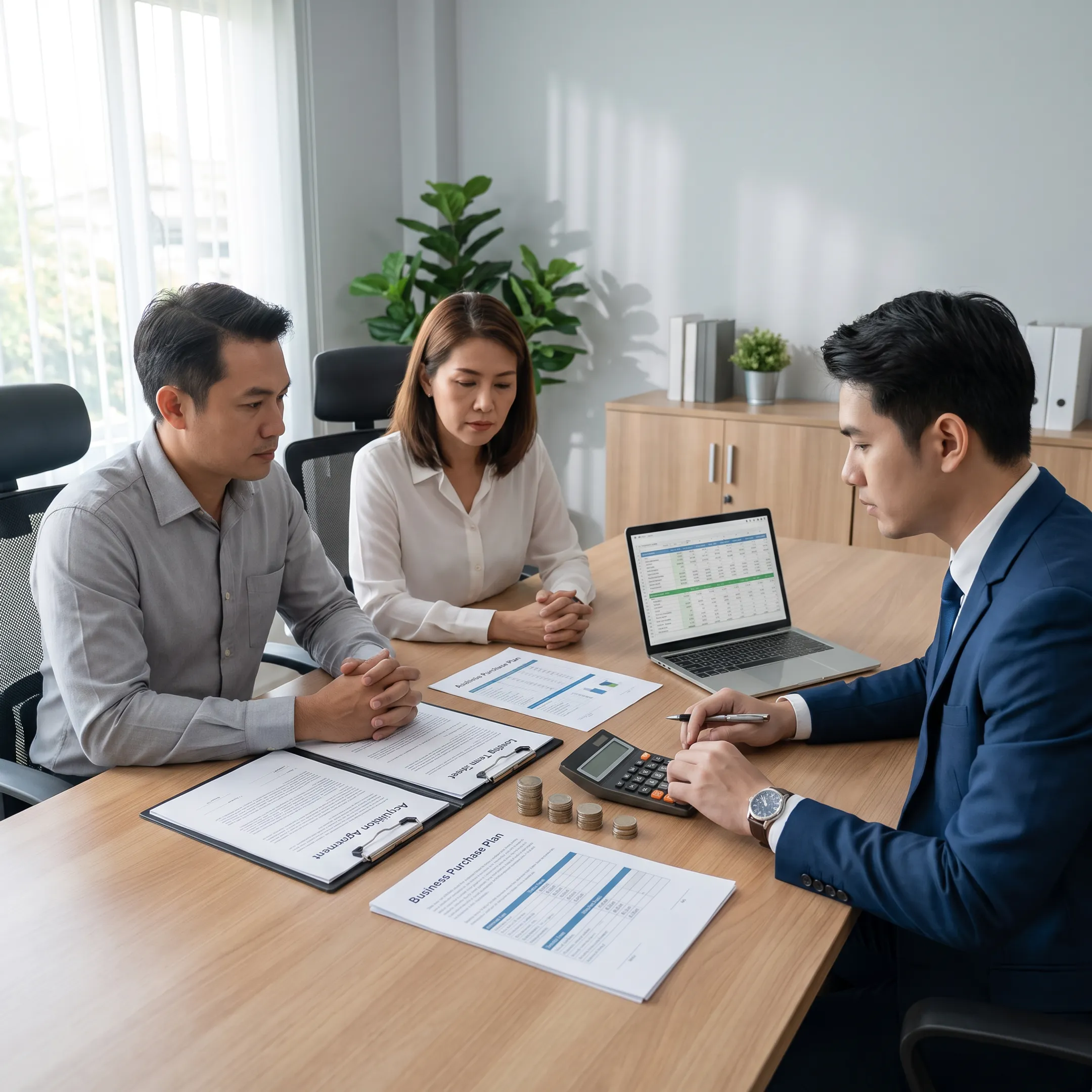 Business owners reviewing an acquisition financing plan with a financial advisor