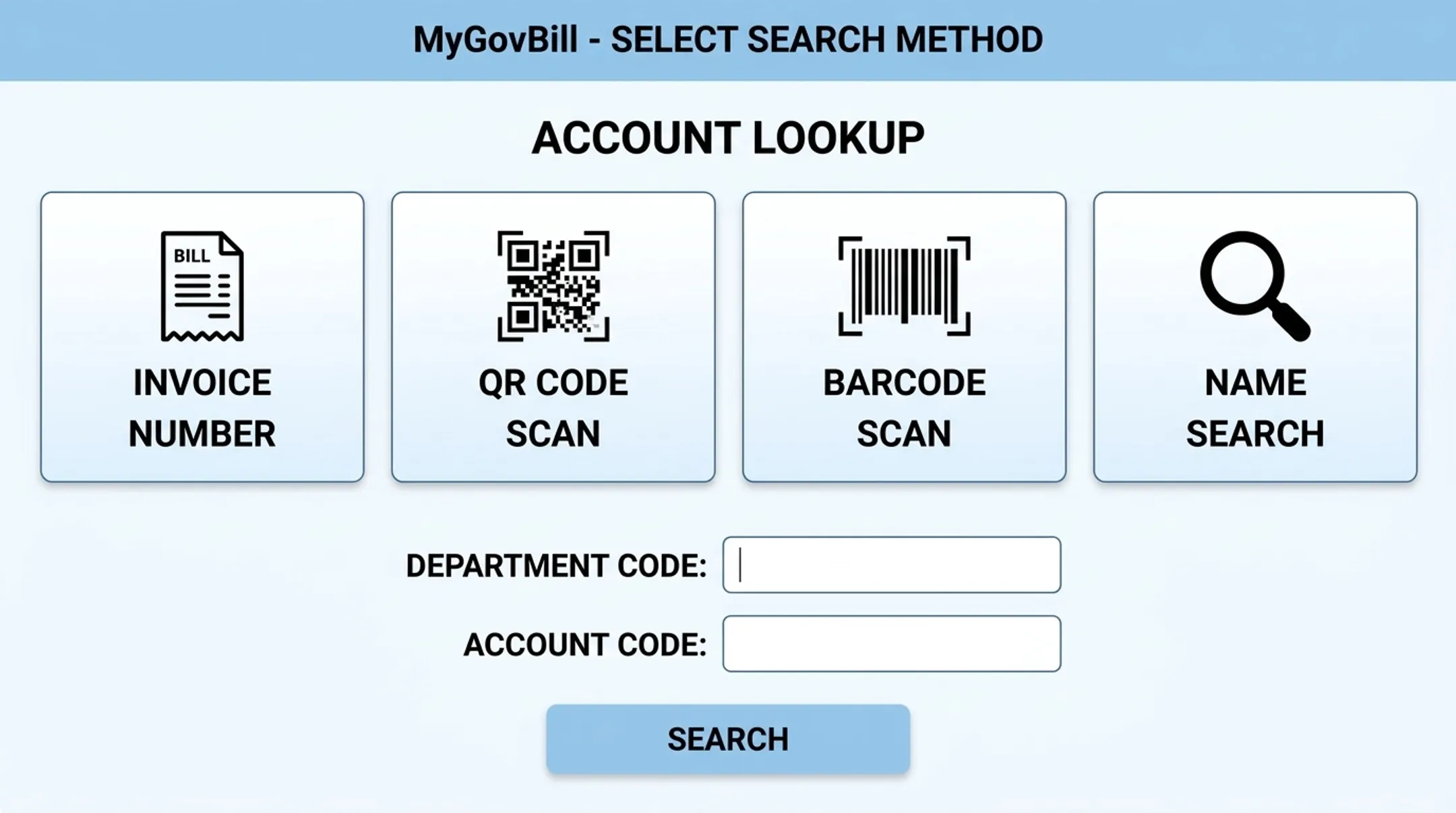 Kiosk Pay Station interface showing account lookup by QR code and invoice number