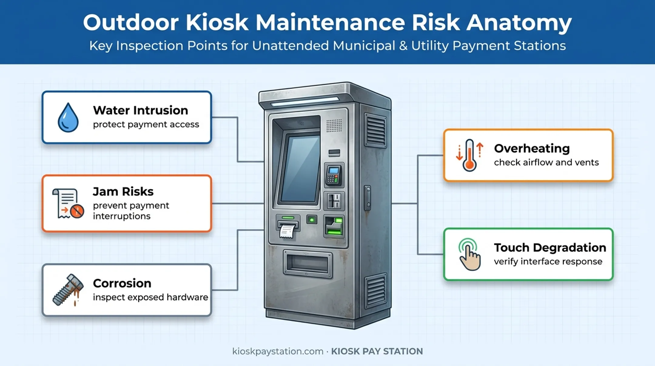 Outdoor payment kiosk preventive maintenance risks caught before downtime
