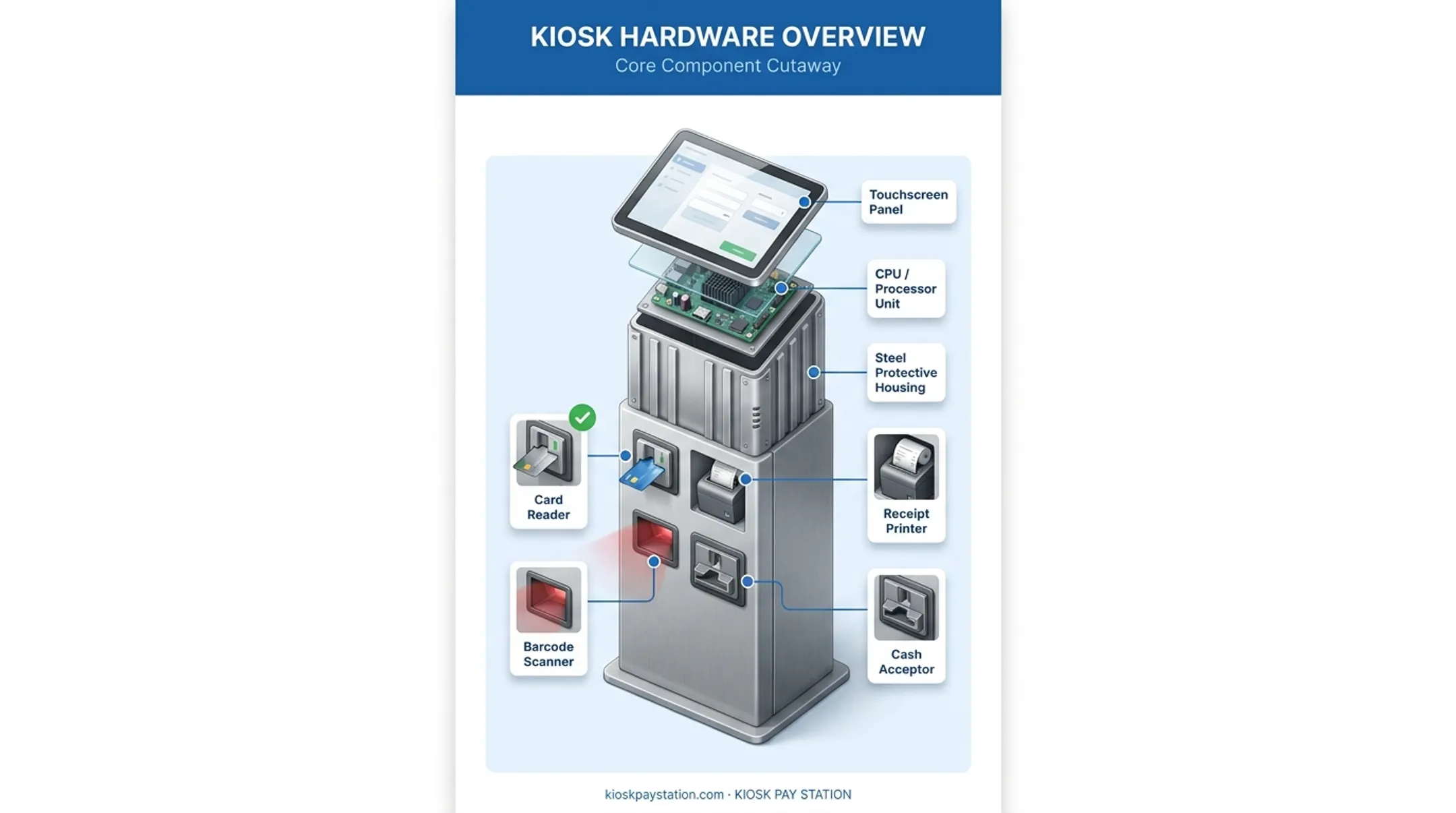 Digital touch screen kiosk hardware components diagram with labeled parts