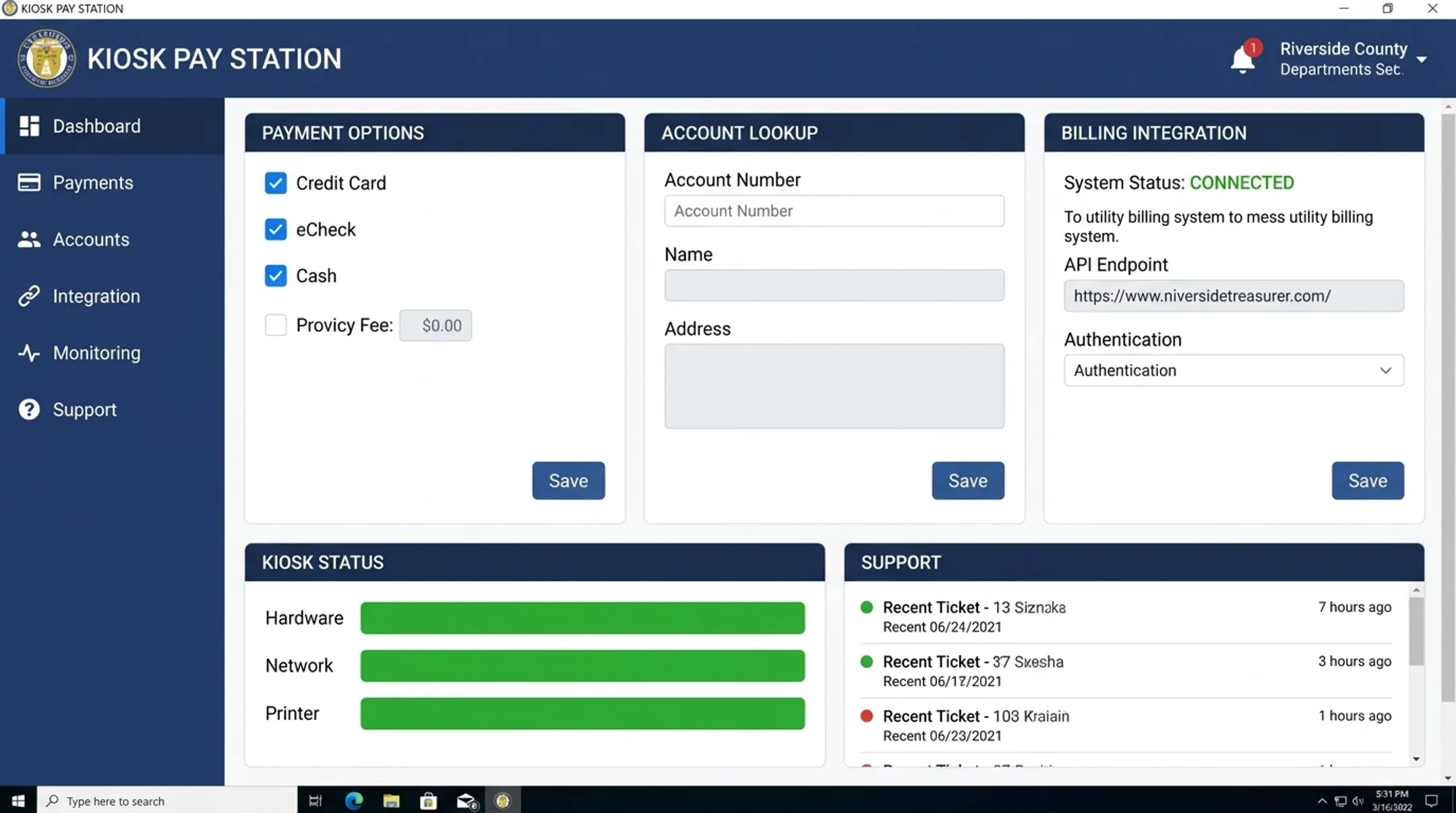 KIOSK PAY STATION interface showing billing system integration dashboard