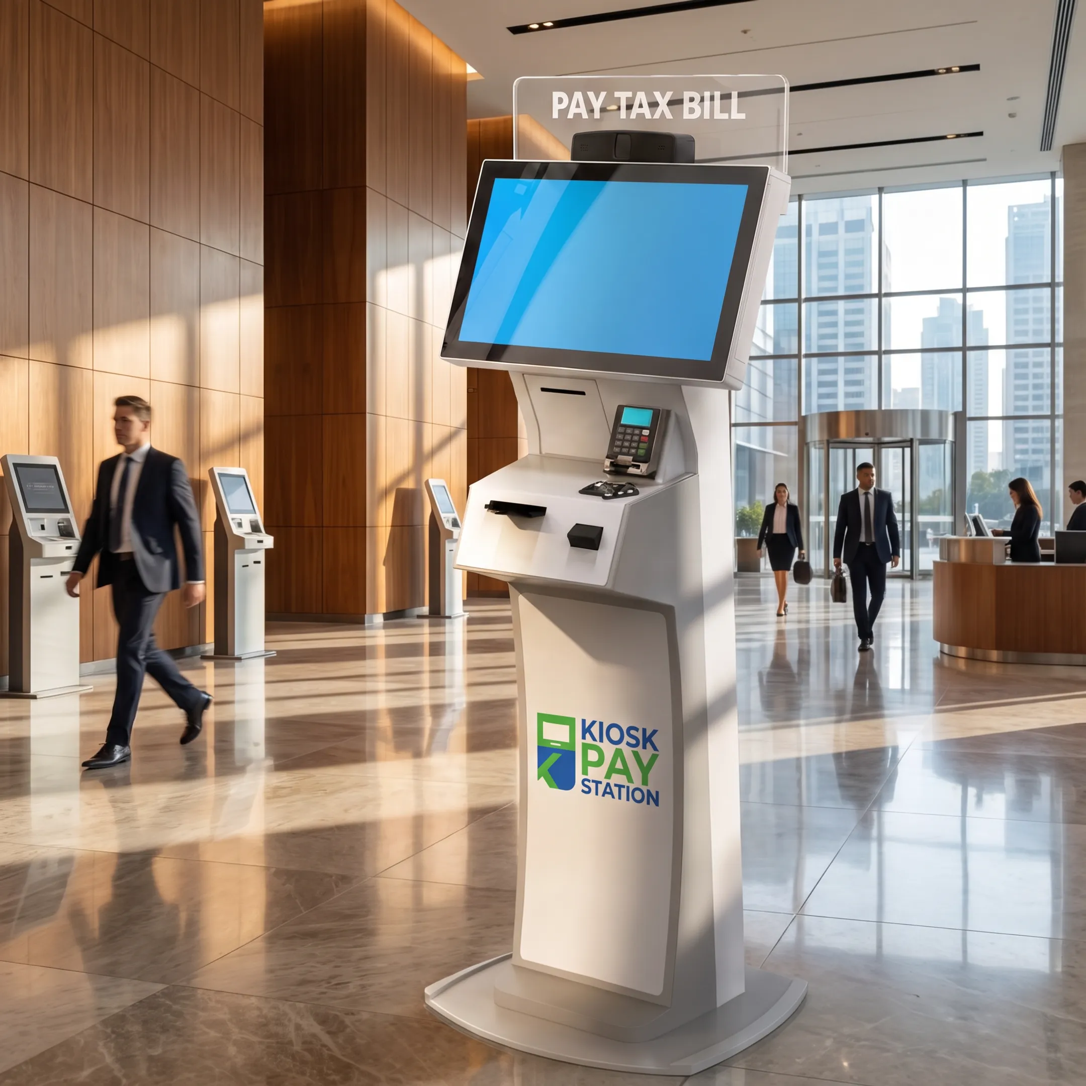 Technician configuring an outdoor payment kiosk