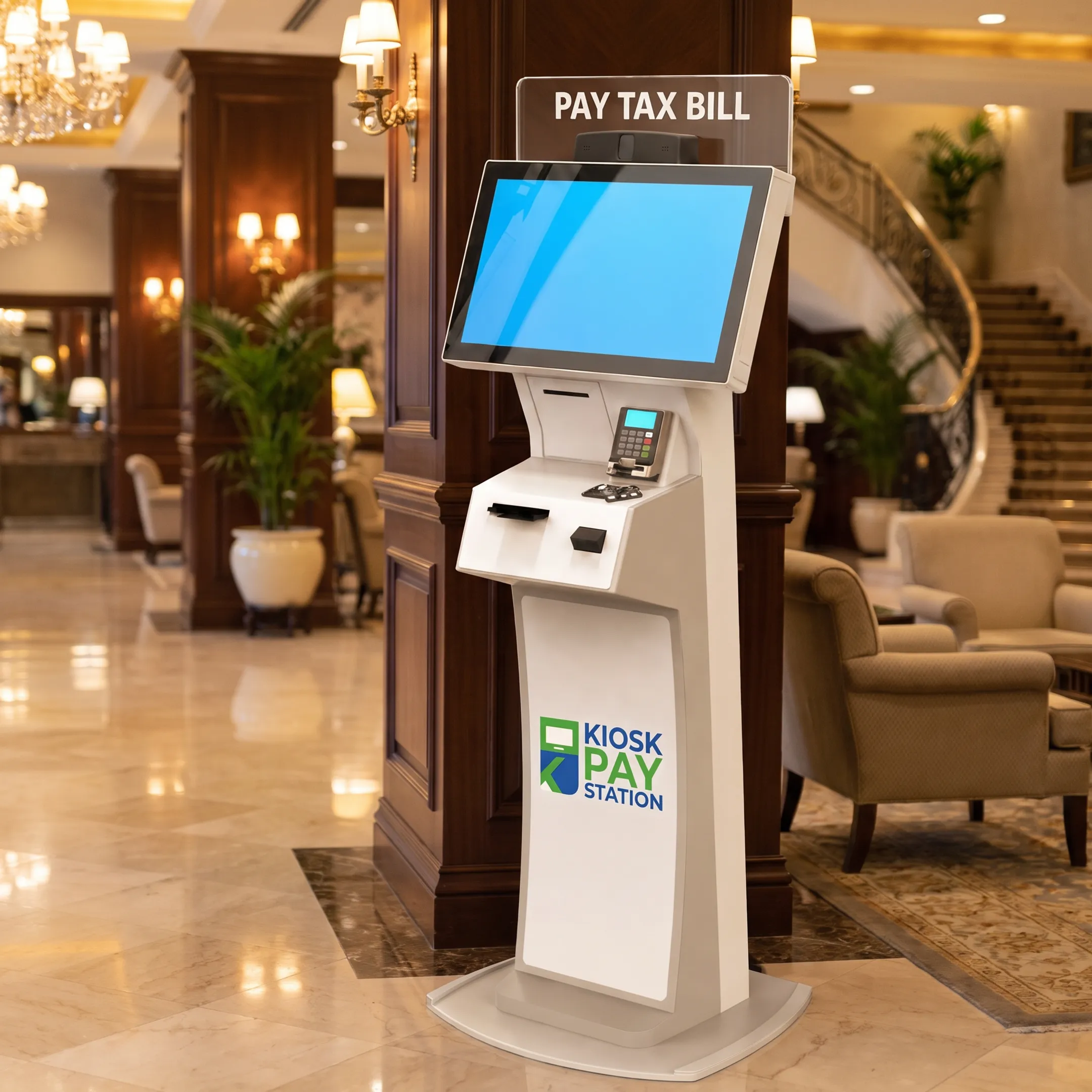 Technicians calibrating and testing self-service payment kiosk hardware