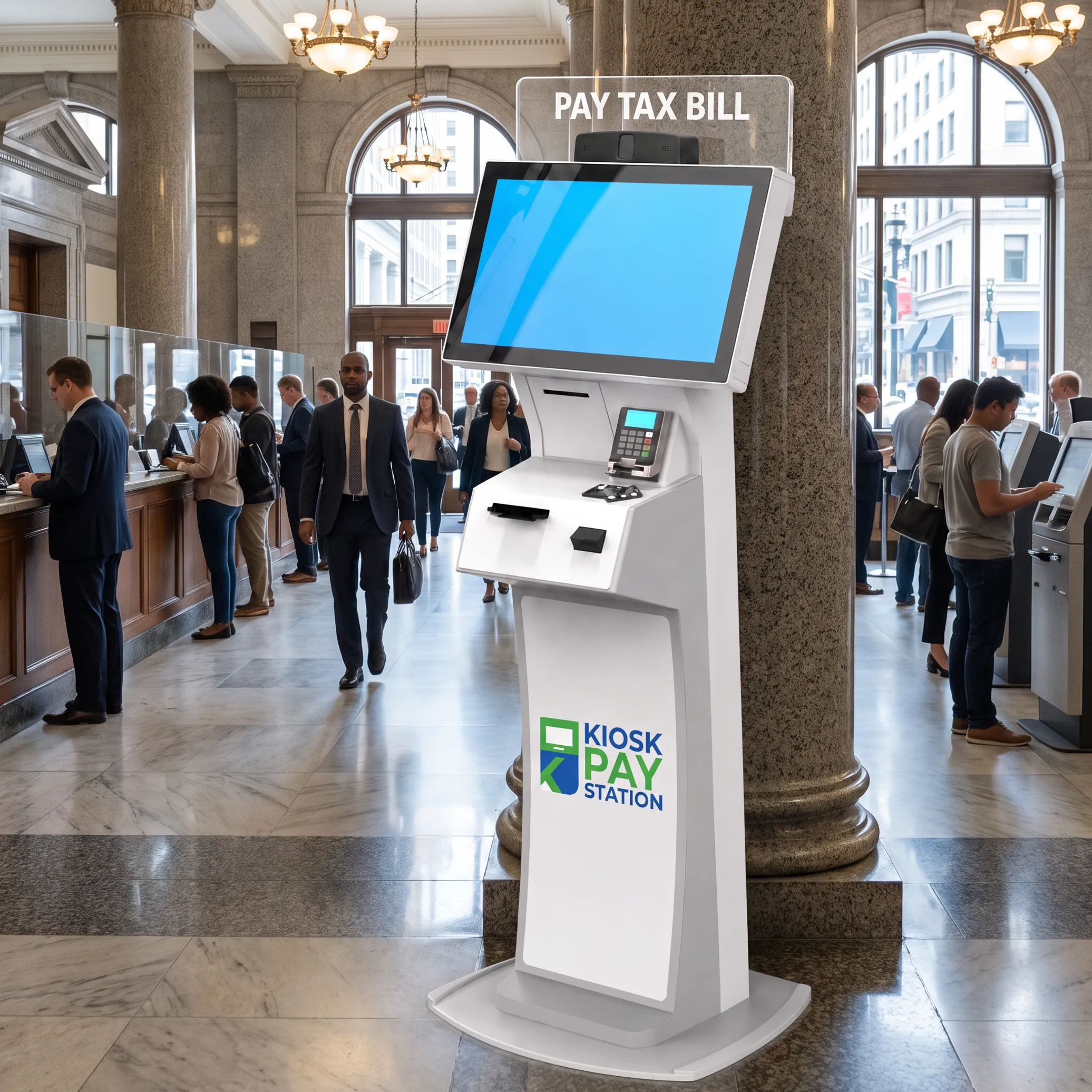 Government self-service payment kiosk featuring an ADA compliant touch screen display.
