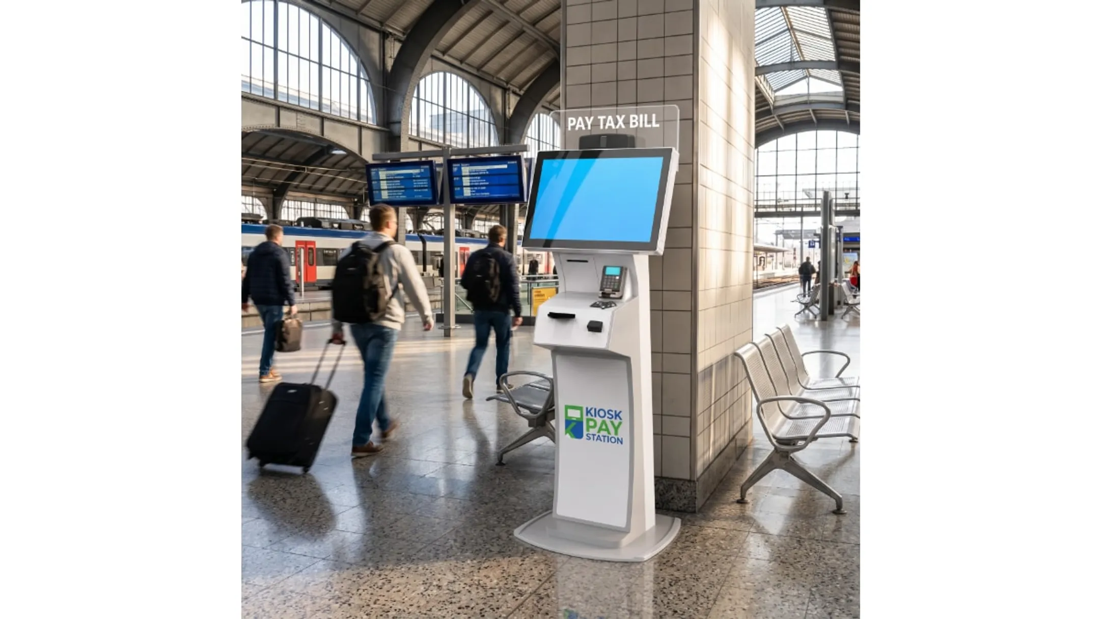 Self-service court payment kiosk touchscreen with card reader and receipt printer